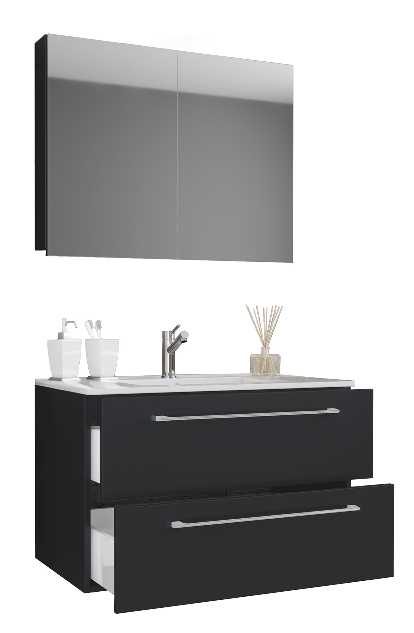 VCM 3-tlg. Waschplatz Waschtisch | Waschbecken Unterschrank Breite 80 cm | Badm&ouml;bel Set mit Schubladen Dreht&uuml;ren Spiegelschrank | Badinos - Bild 1