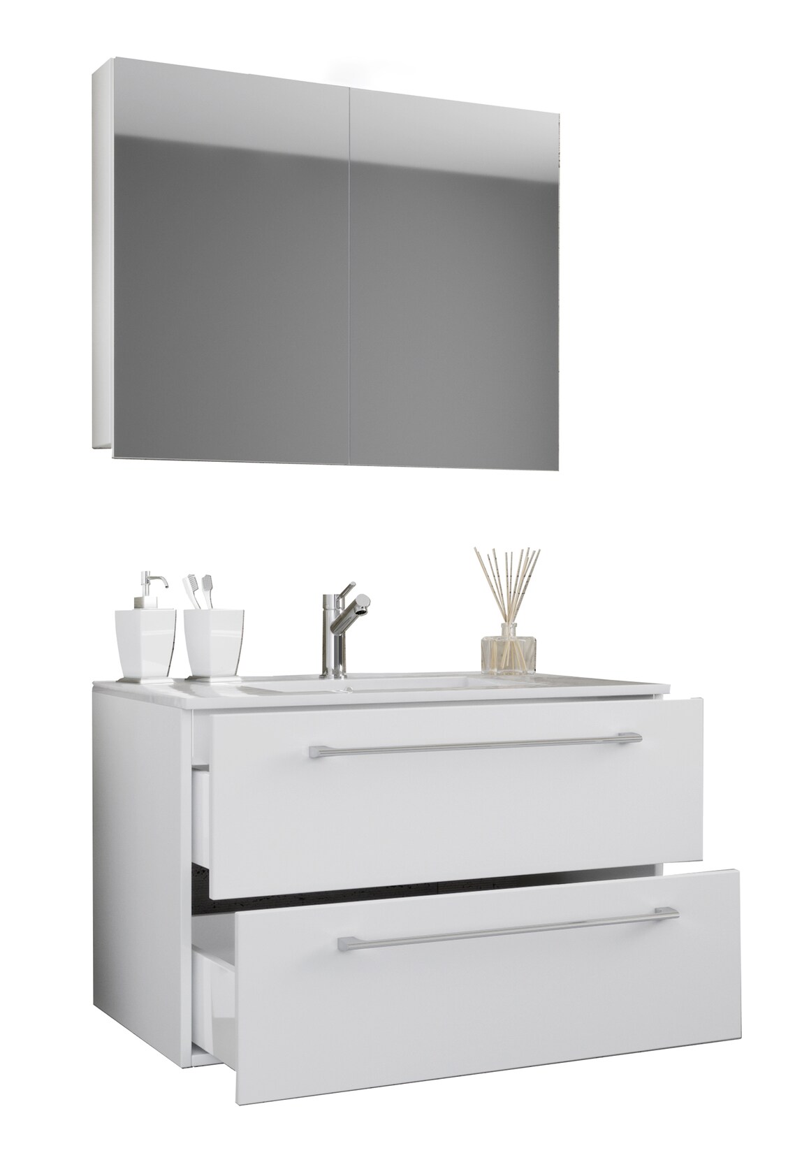 VCM 3-tlg. Waschplatz Waschtisch Waschbecken Unterschrank Breite 80 cm Badmöbel Set mit Schubladen Drehtüren Spiegelschrank Badinos