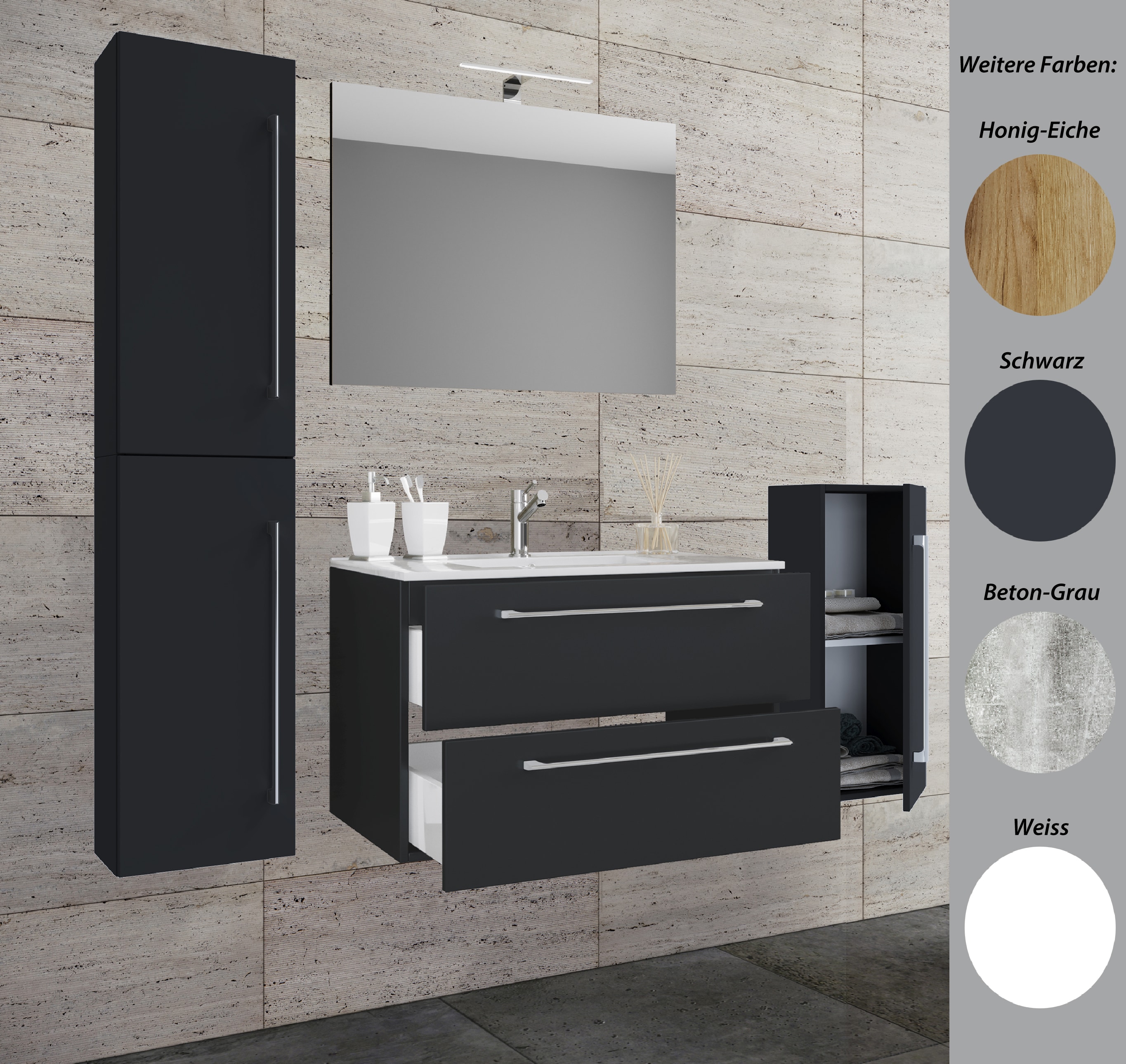 VCM 5-tlg. Set | 1 Waschtisch mit zwei Schubladen, 1 Spiegel, 1 Waschbecken, 1 Midischrank, 1 Hochschrank | Keramik Waschbecken | h&auml;ngend Unterschrank 60 cm | Badm&ouml;bel Set Waschplatz &ndash; Badinos - Bild 1