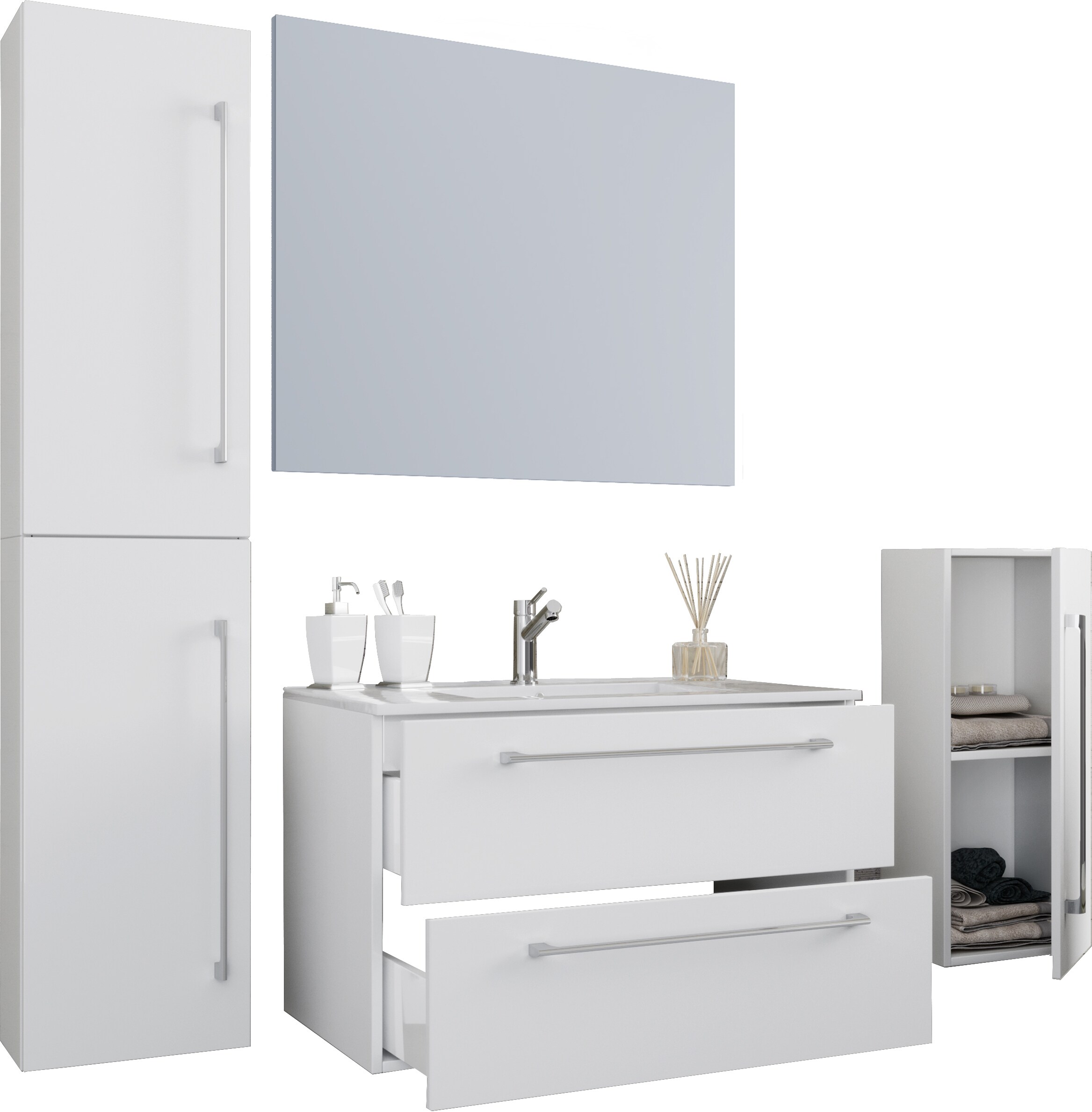 VCM 5-tlg. Set | 1 Waschtisch mit zwei Schubladen, 1 Spiegel, 1 Waschbecken, 1 Midischrank, 1 Hochschrank | Keramik Waschbecken | h&auml;ngend Unterschrank 80 cm | Badm&ouml;bel Set Waschplatz &ndash; Badinos - Bild 1