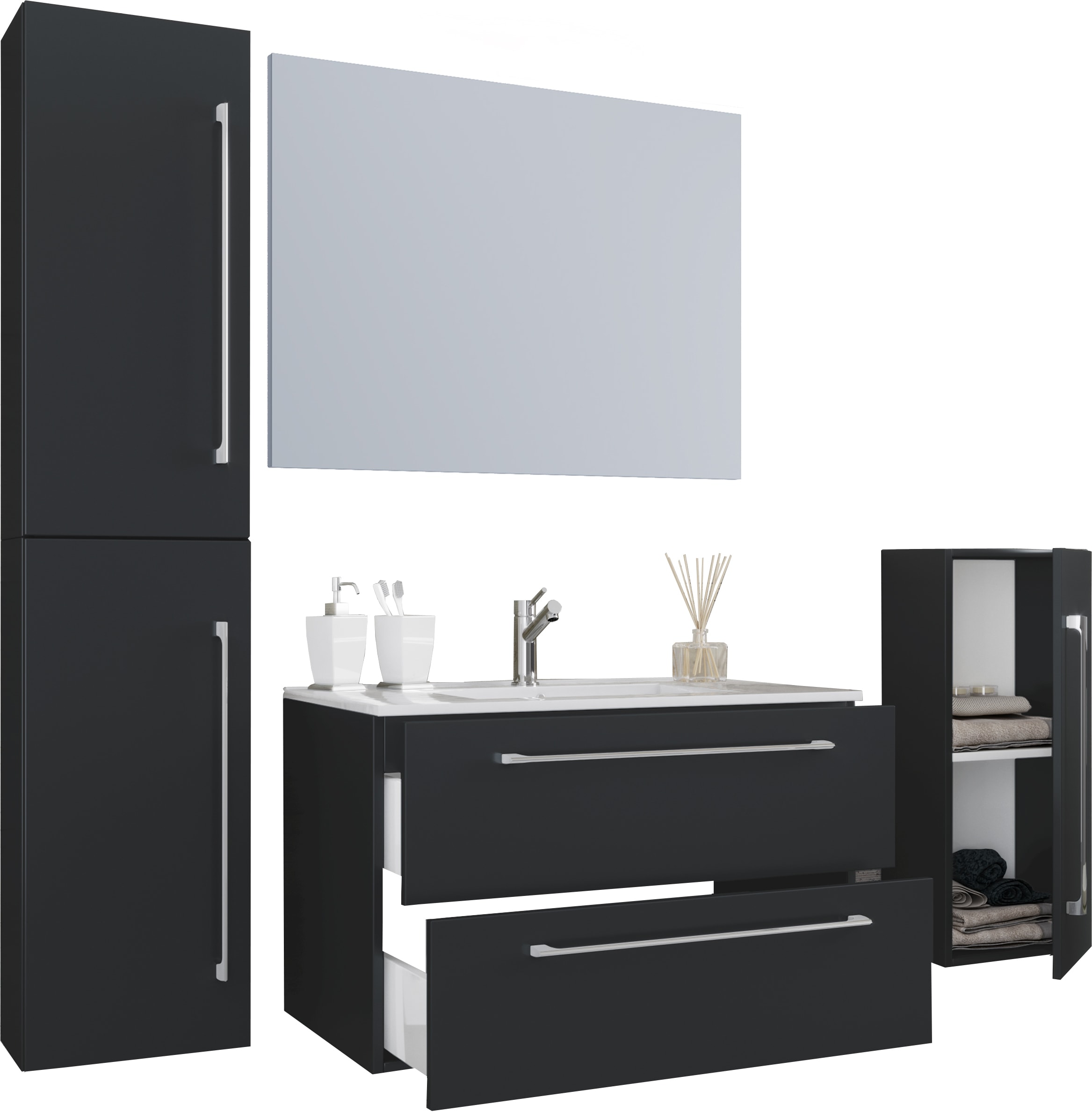 VCM 5-tlg. Set | 1 Waschtisch mit zwei Schubladen, 1 Spiegel, 1 Waschbecken, 1 Midischrank, 1 Hochschrank | Keramik Waschbecken | h&auml;ngend Unterschrank 80 cm | Badm&ouml;bel Set Waschplatz &ndash; Badinos - Bild 1