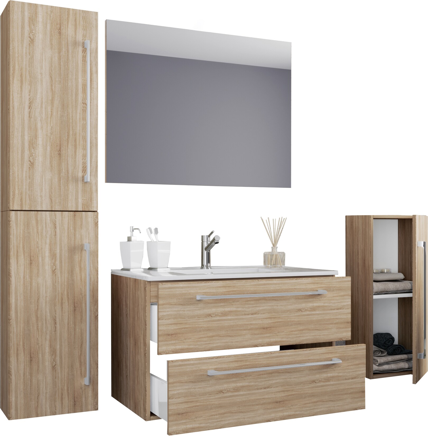 VCM 5-tlg. Set 1 Waschtisch mit zwei Schubladen, 1 Spiegel, 1 Waschbecken, 1 Midischrank, 1 Hochschrank Keramik Waschbecken hängend Unterschrank 80 cm Badmöbel Set Waschplatz – Badinos