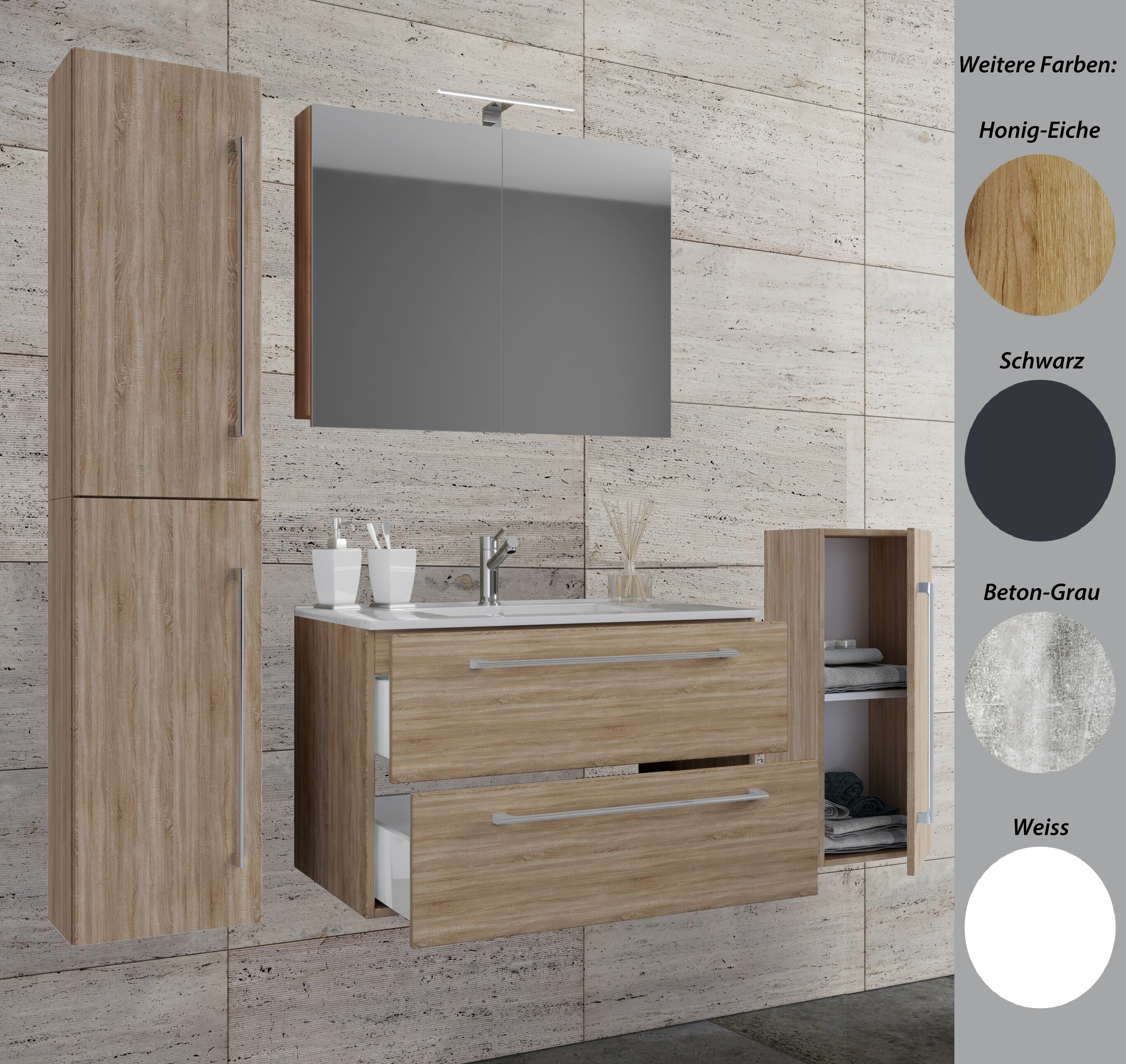 VCM 5-tlg. Set | 1 Waschtisch mit zwei Schubladen, 1 Spiegelschrank, 1 Waschbecken, 1 Midischrank, 1 Hochschrank | Keramik Waschbecken | h&auml;ngend Unterschrank 60 cm | Badm&ouml;bel Set Waschplatz &ndash; Badinos - Bild 1
