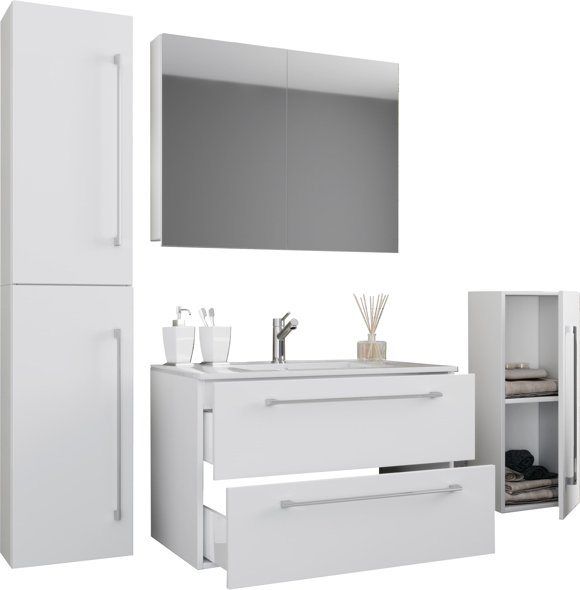 VCM 5-tlg. Set | 1 Waschtisch mit zwei Schubladen, 1 Spiegelschrank, 1 Waschbecken, 1 Midischrank, 1 Hochschrank | Keramik Waschbecken | h&auml;ngend Unterschrank 80 cm | Badm&ouml;bel Set Waschplatz &ndash; Badinos - Bild 1