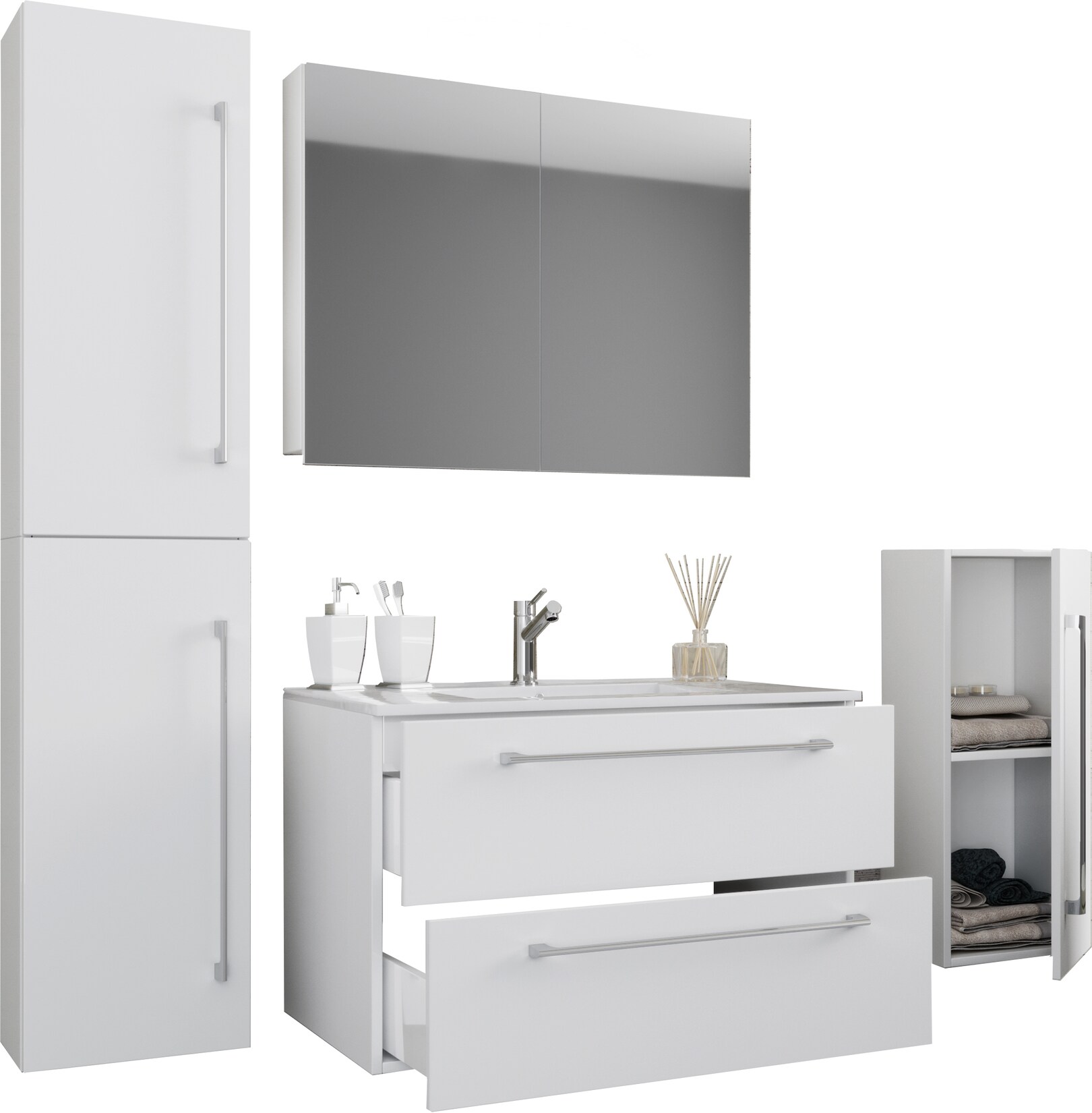 VCM 5-tlg. Set 1 Waschtisch mit zwei Schubladen, 1 Spiegelschrank, 1 Waschbecken, 1 Midischrank, 1 Hochschrank Keramik Waschbecken hängend Unterschrank 80 cm Badmöbel Set Waschplatz – Badinos