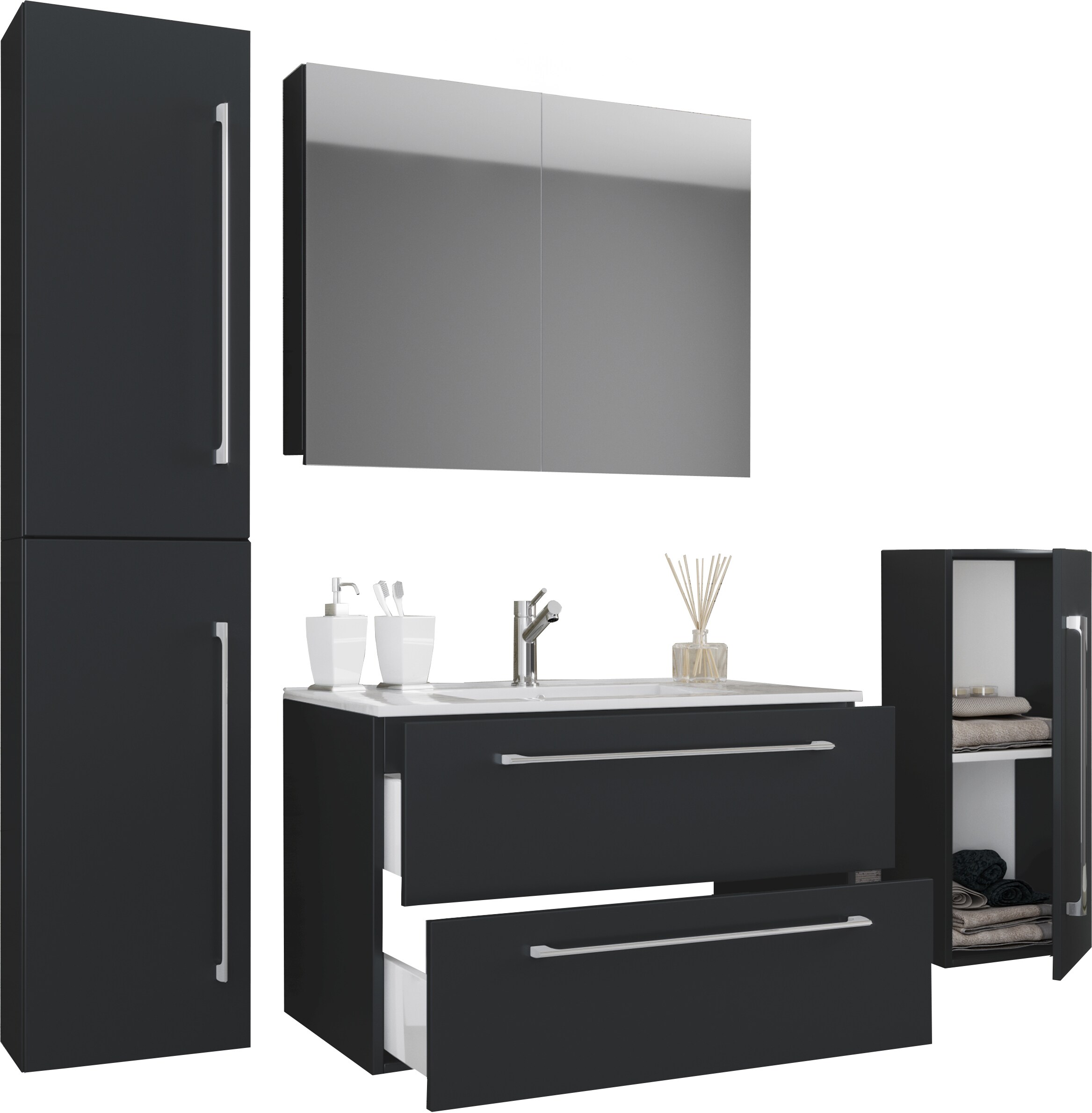 VCM 5-tlg. Set | 1 Waschtisch mit zwei Schubladen, 1 Spiegelschrank, 1 Waschbecken, 1 Midischrank, 1 Hochschrank | Keramik Waschbecken | h&auml;ngend Unterschrank 80 cm | Badm&ouml;bel Set Waschplatz &ndash; Badinos - Bild 1