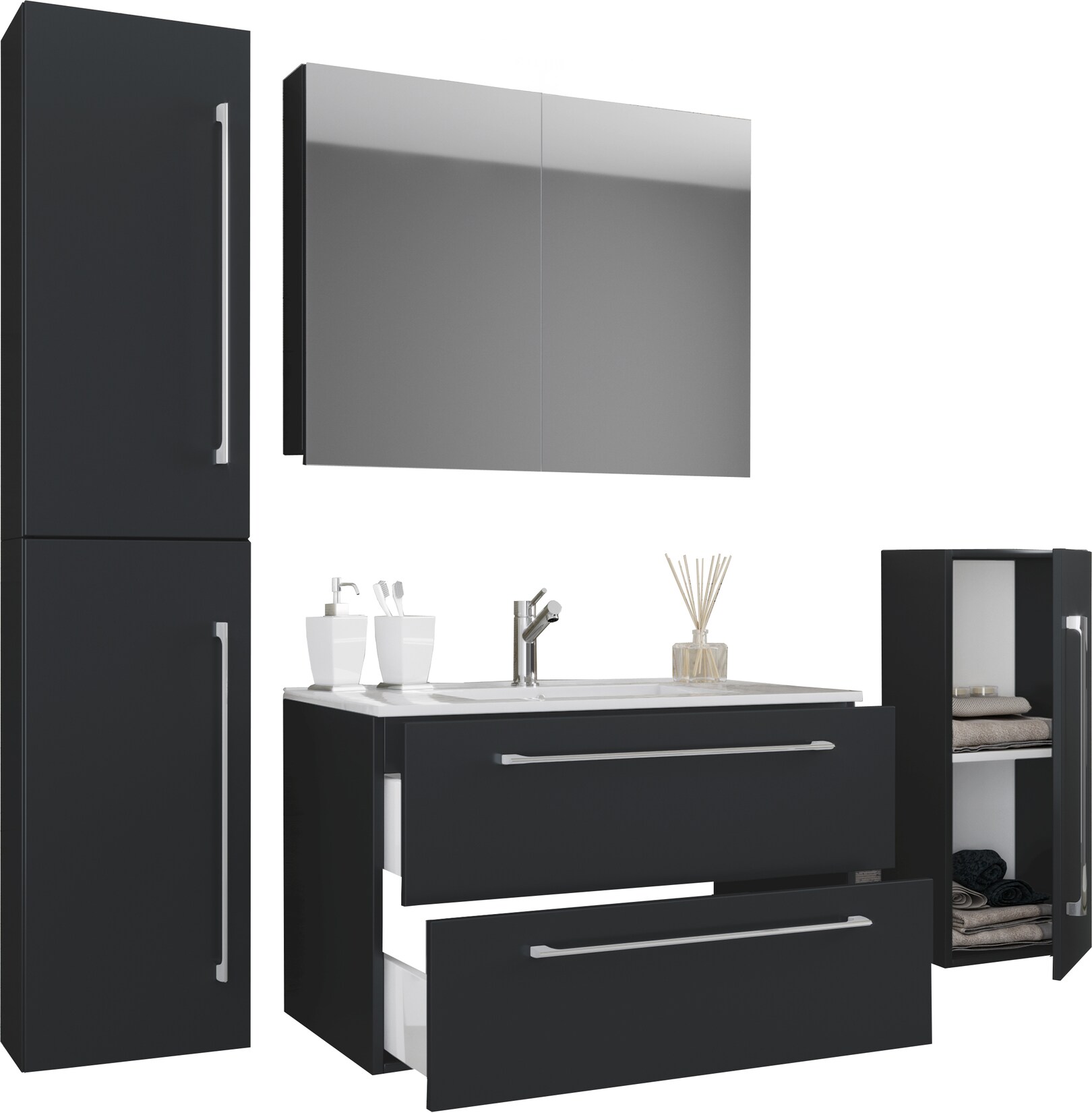 VCM 5-tlg. Set 1 Waschtisch mit zwei Schubladen, 1 Spiegelschrank, 1 Waschbecken, 1 Midischrank, 1 Hochschrank Keramik Waschbecken hängend Unterschrank 80 cm Badmöbel Set Waschplatz – Badinos