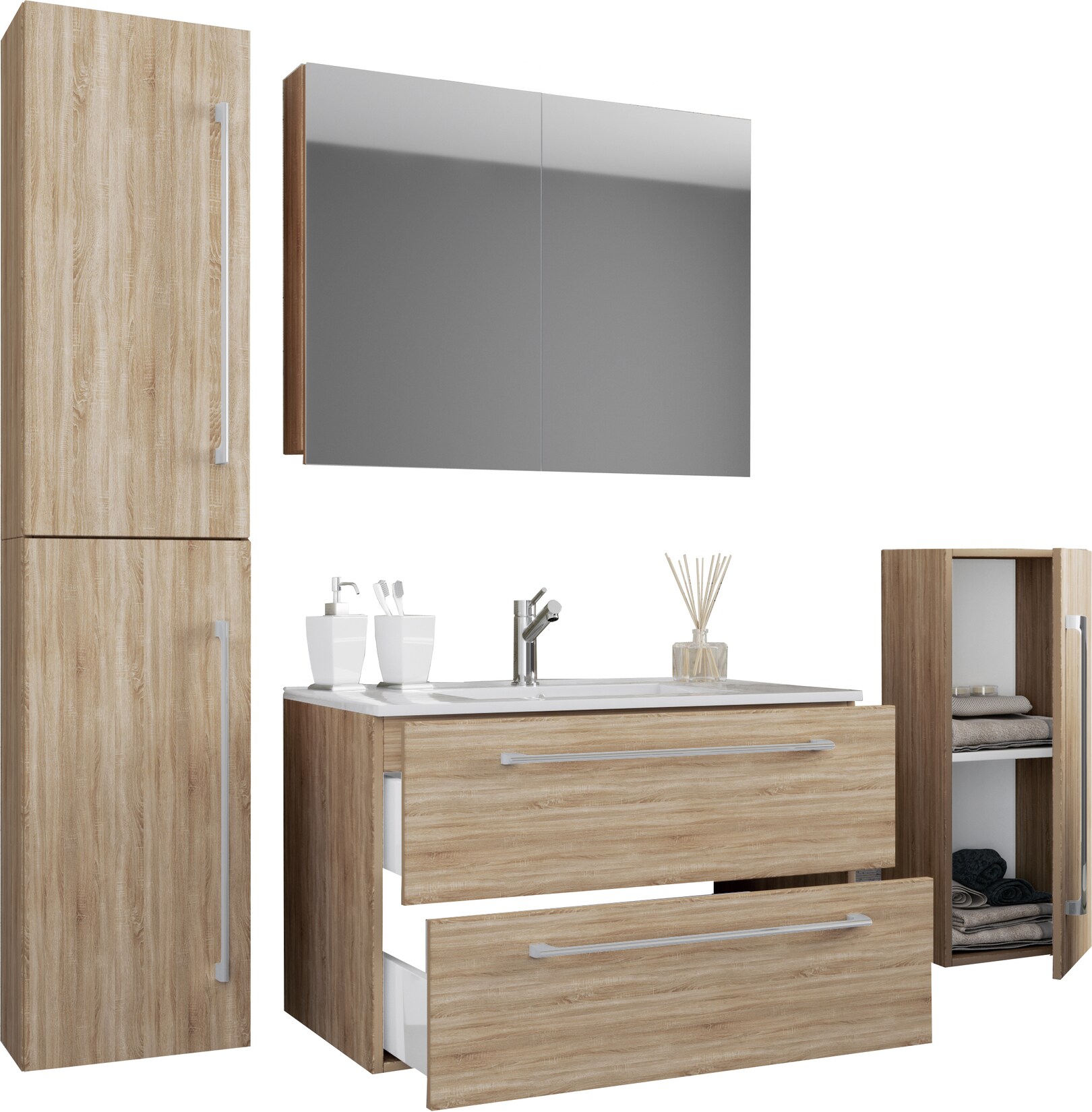 VCM 5-tlg. Set 1 Waschtisch mit zwei Schubladen, 1 Spiegelschrank, 1 Waschbecken, 1 Midischrank, 1 Hochschrank Keramik Waschbecken hängend Unterschrank 80 cm Badmöbel Set Waschplatz – Badinos