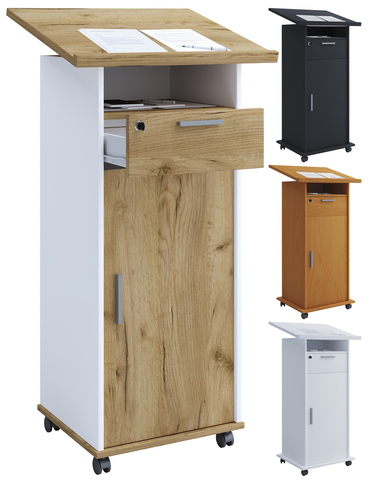 VCM Holz mobiles Rednerpult   Maße ca. H. 109 bis 120 cm x B. 60 cm x T. 50 cm   Stehpult mit Rollen   rollbar mit Schublade   Stehtisch mit Drehtür – Melta | 04051814373770