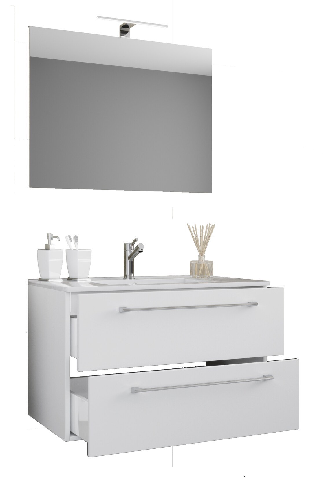 VCM 3-tlg. Waschplatz Waschtisch Waschbecken Unterschrank Breite 60 cm Badmöbel Set hängend mit zwei Schubladen Spiegel Badinos