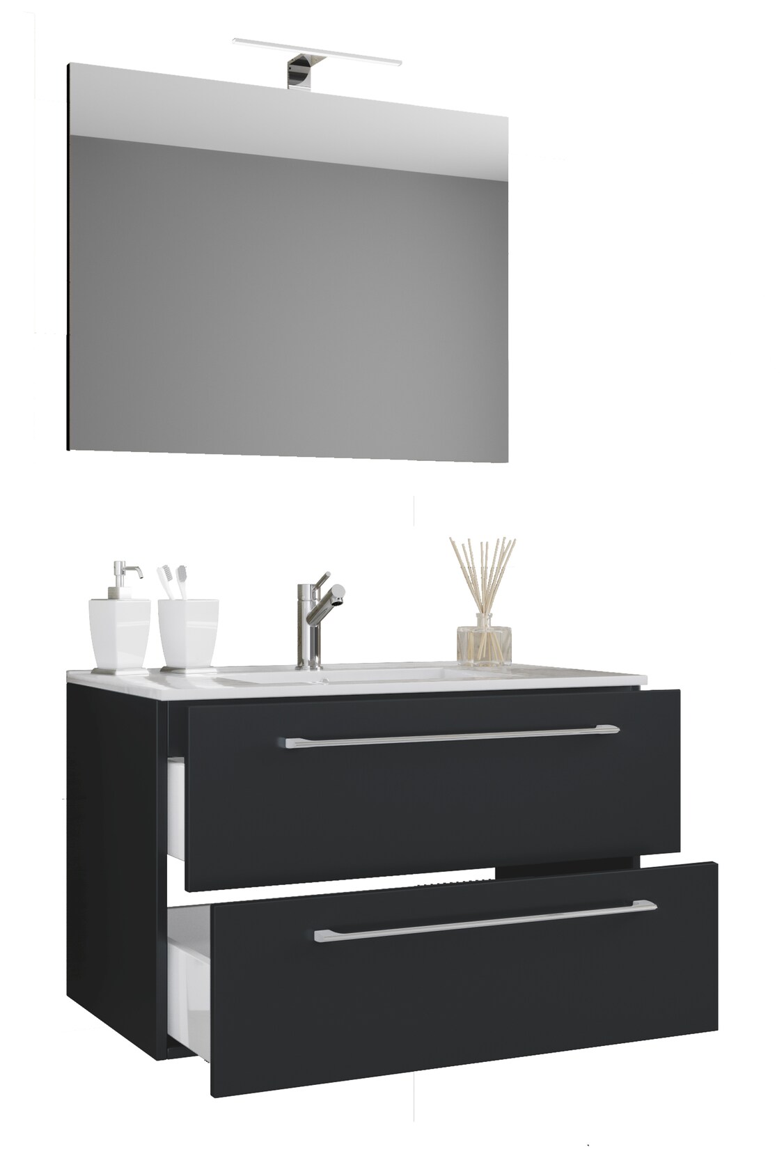VCM 3-tlg. Waschplatz Waschtisch Waschbecken Unterschrank Breite 60 cm Badmöbel Set hängend mit zwei Schubladen Spiegel Badinos