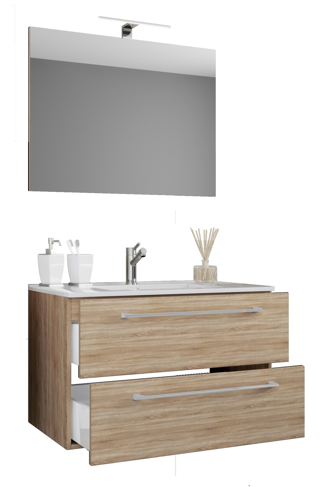 VCM 3-tlg. Waschplatz Waschtisch Waschbecken Unterschrank Breite 60 cm Badmöbel Set hängend mit zwei Schubladen Spiegel Badinos