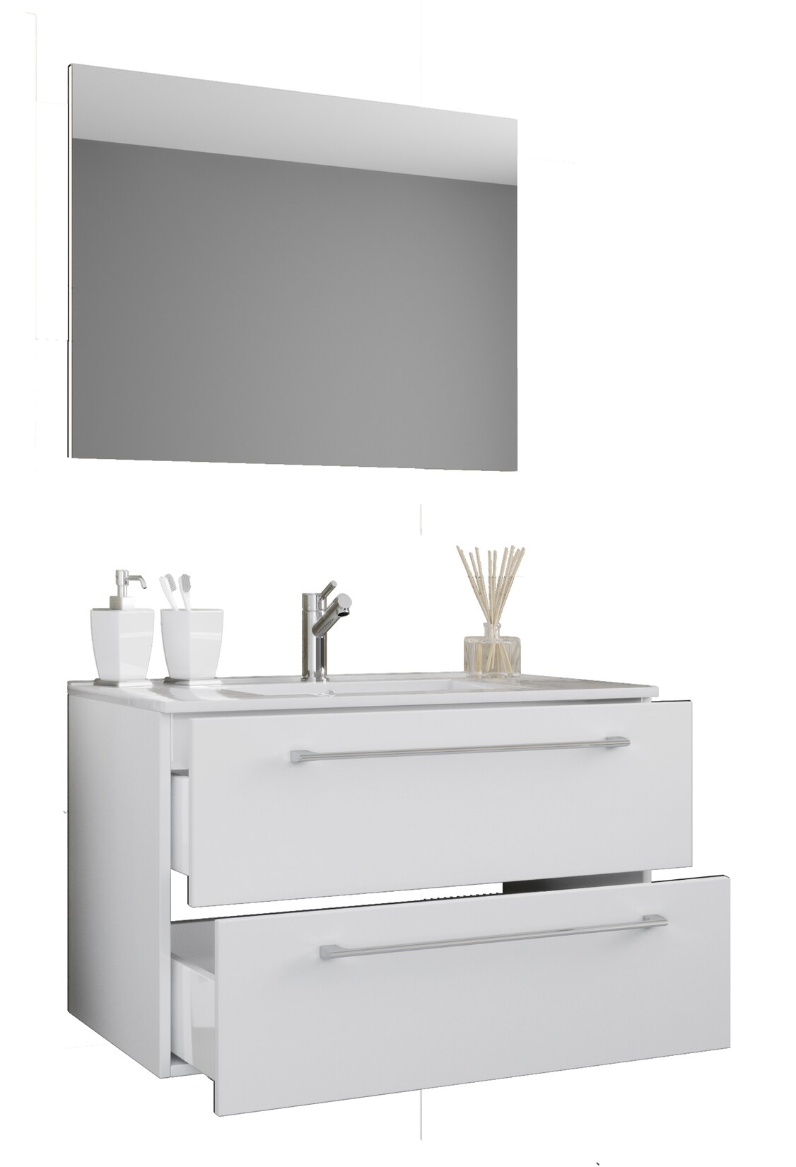 VCM 3-tlg. Waschplatz Waschtisch Waschbecken Unterschrank Breite 80 cm Badmöbel Set hängend mit zwei Schubladen Spiegel Badinos