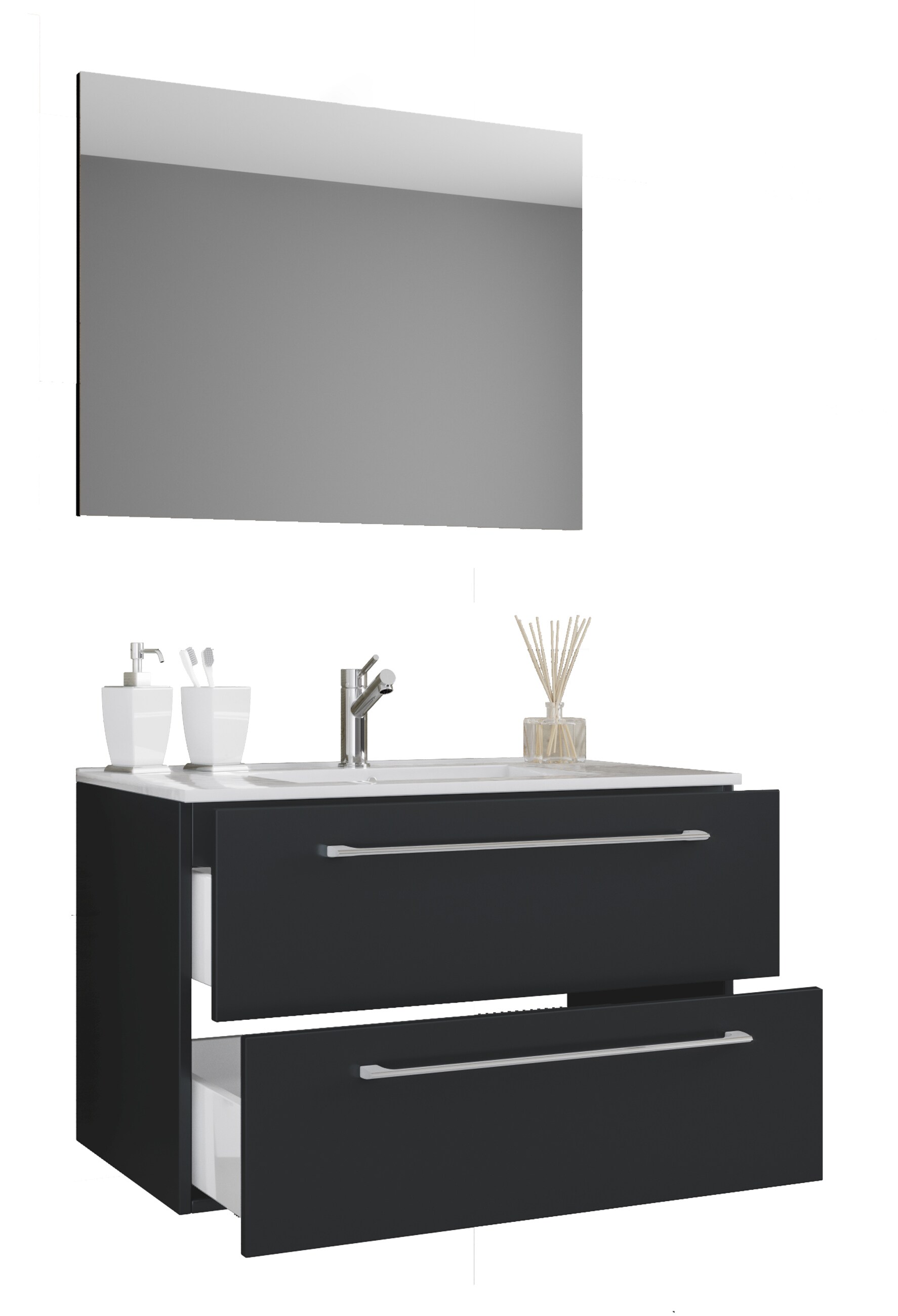 VCM 3-tlg. Waschplatz Waschtisch | Waschbecken Unterschrank Breite 80 cm | Badm&ouml;bel Set h&auml;ngend mit zwei Schubladen Spiegel | Badinos - Bild 1