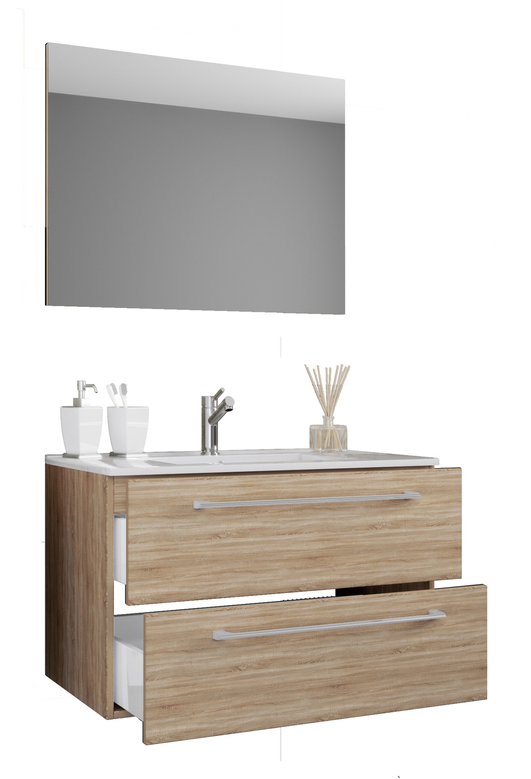 VCM 3-tlg. Waschplatz Waschtisch | Waschbecken Unterschrank Breite 80 cm | Badm&ouml;bel Set h&auml;ngend mit zwei Schubladen Spiegel | Badinos - Bild 1