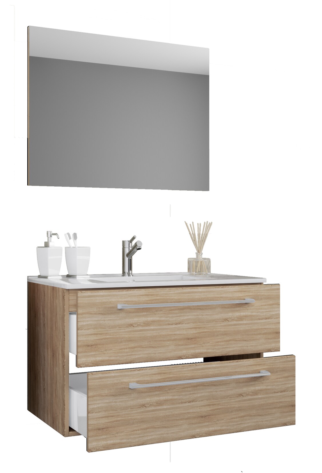 VCM 3-tlg. Waschplatz Waschtisch Waschbecken Unterschrank Breite 80 cm Badmöbel Set hängend mit zwei Schubladen Spiegel Badinos