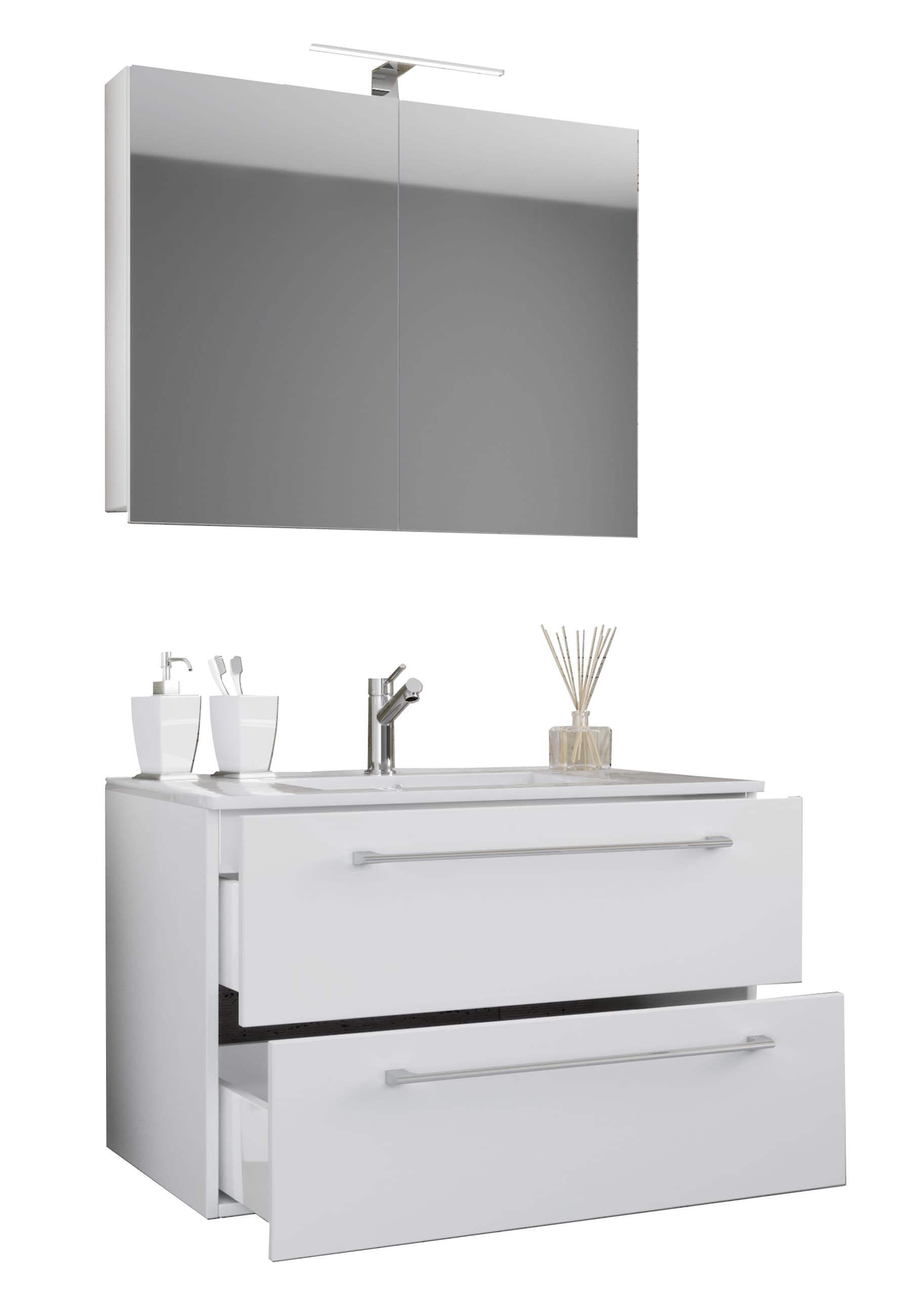 VCM 3-tlg. Waschplatz Waschtisch | Waschbecken Unterschrank Breite 60 cm | Badm&ouml;bel Set h&auml;ngend mit zwei Schubladen Spiegelschrank | Badinos - Bild 1