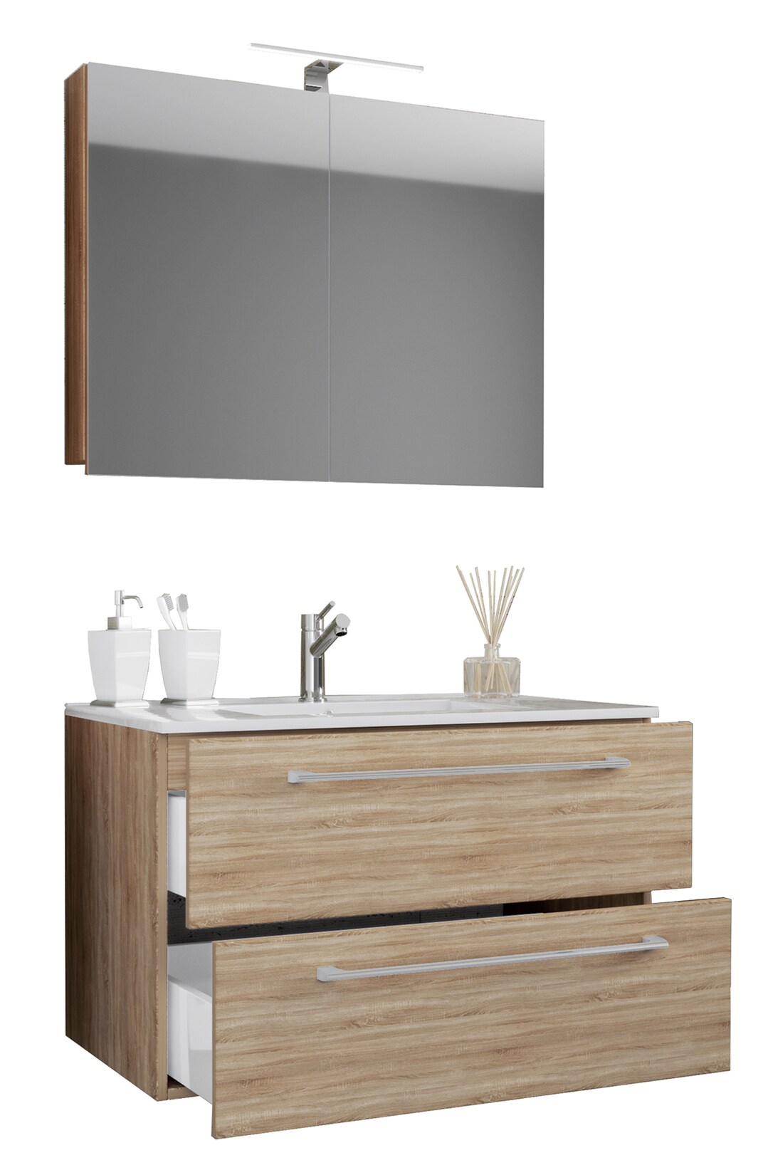 VCM 3-tlg. Waschplatz Waschtisch Waschbecken Unterschrank Breite 60 cm Badmöbel Set hängend mit zwei Schubladen Spiegelschrank Badinos