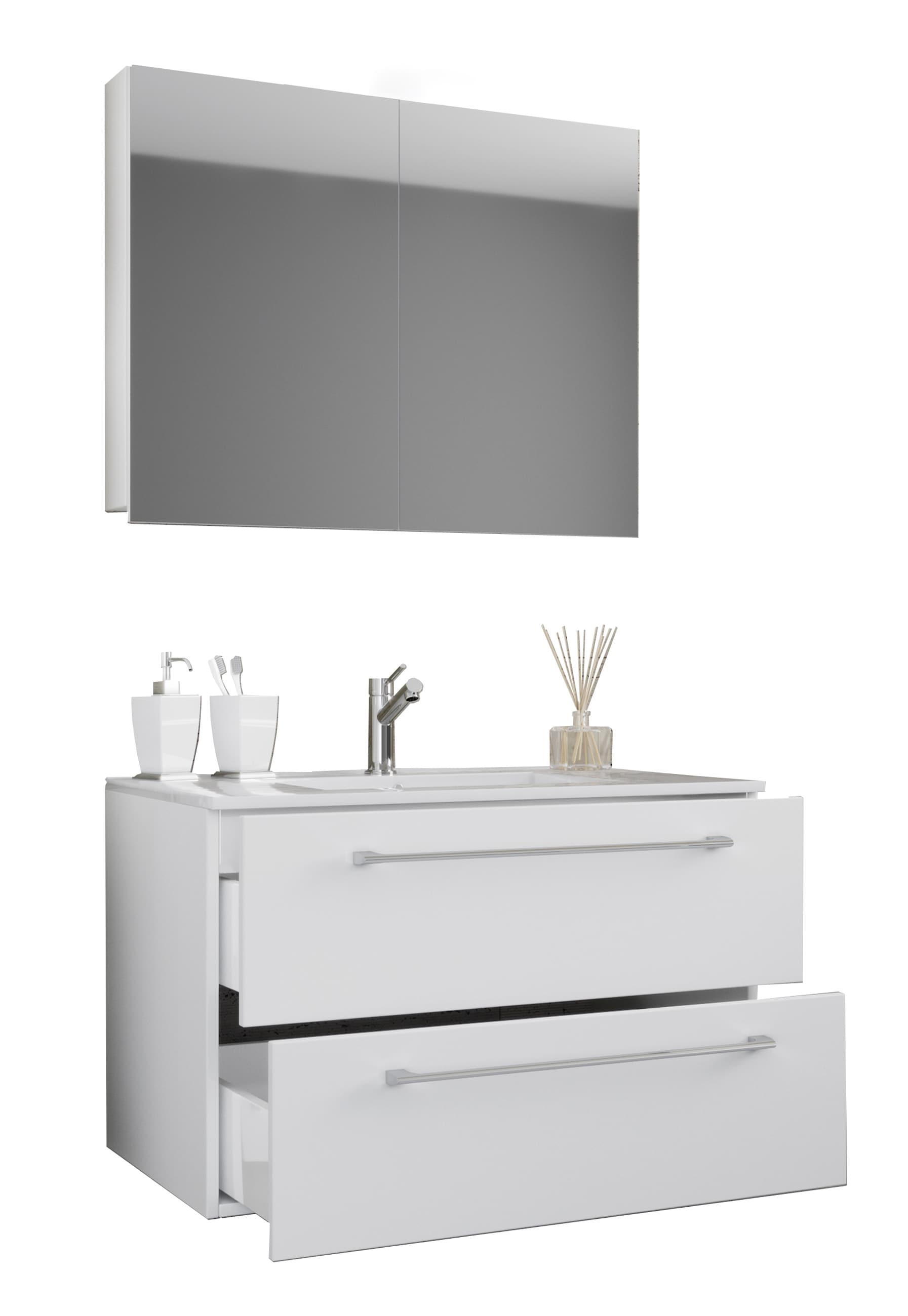 VCM 3-tlg. Waschplatz Waschtisch | Waschbecken Unterschrank Breite 80 cm | Badm&ouml;bel Set h&auml;ngend mit zwei Schubladen Spiegelschrank | Badinos - Bild 1