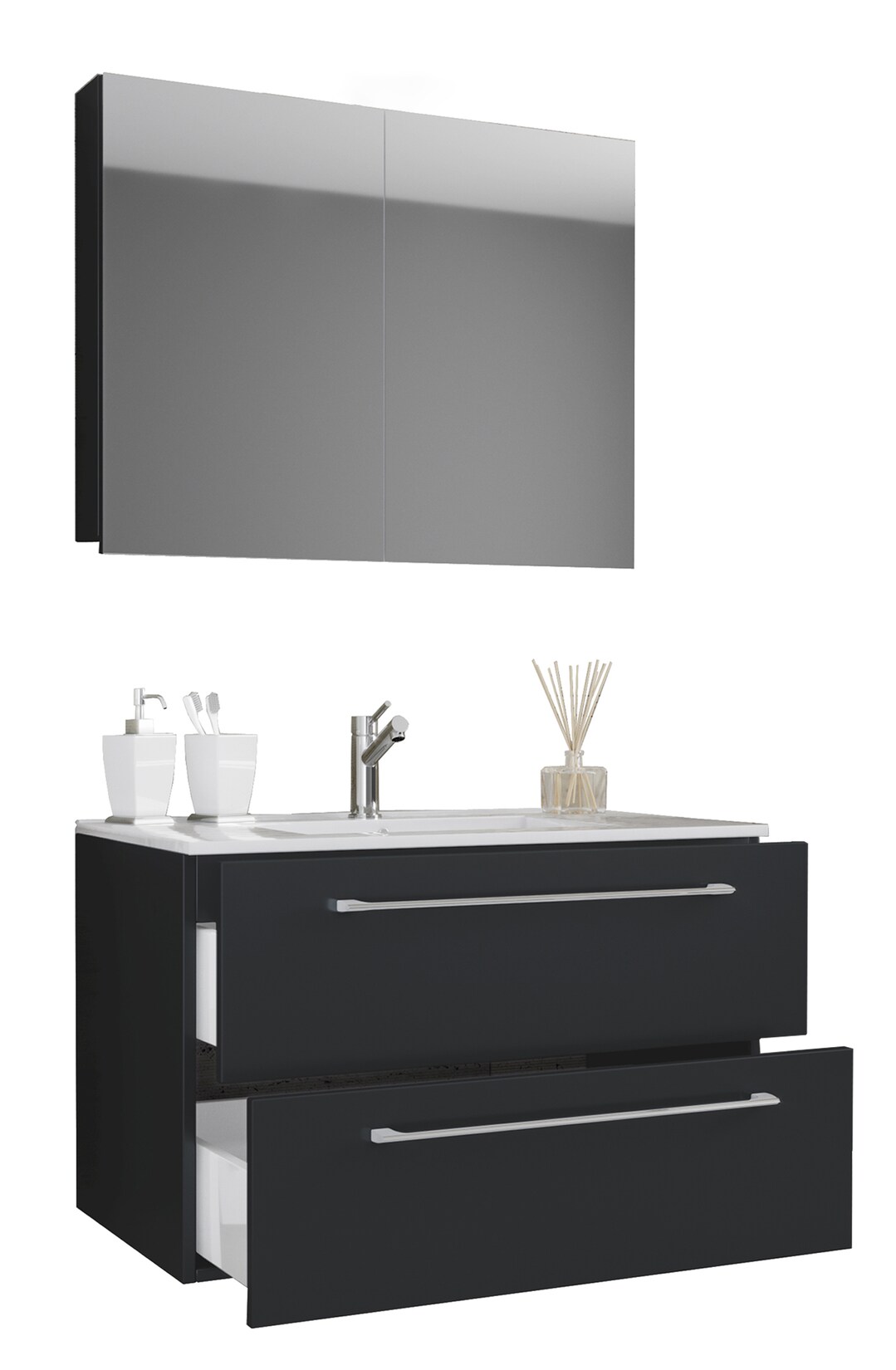 VCM 3-tlg. Waschplatz Waschtisch Waschbecken Unterschrank Breite 80 cm Badmöbel Set hängend mit zwei Schubladen Spiegelschrank Badinos
