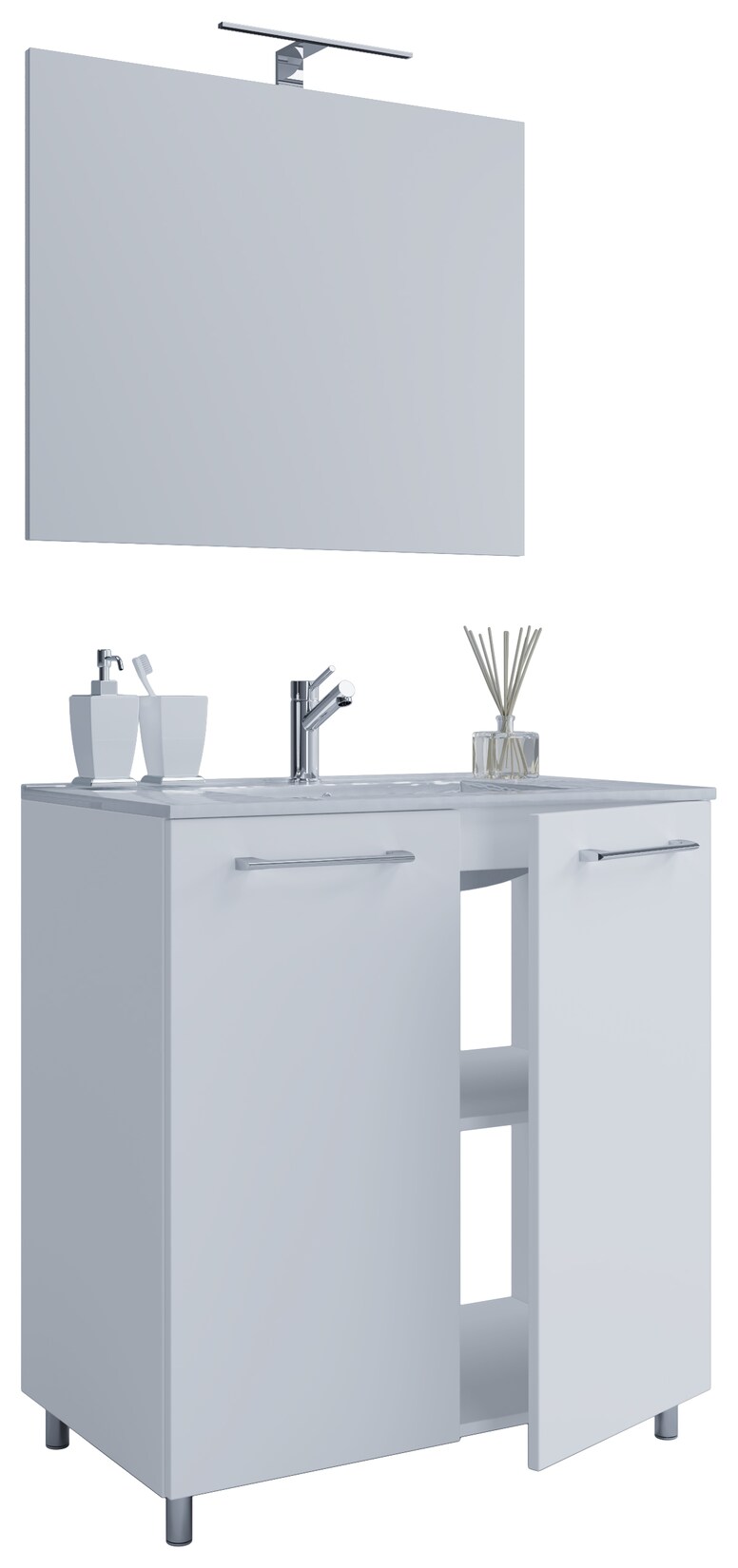 VCM 3-tlg. Set 1 Waschtisch mit Dretüren, 1 Spiegel, 1 Waschbecken Keramik Waschbecken Unterschrank stehend 60 cm Badmöbel Set - Badinos