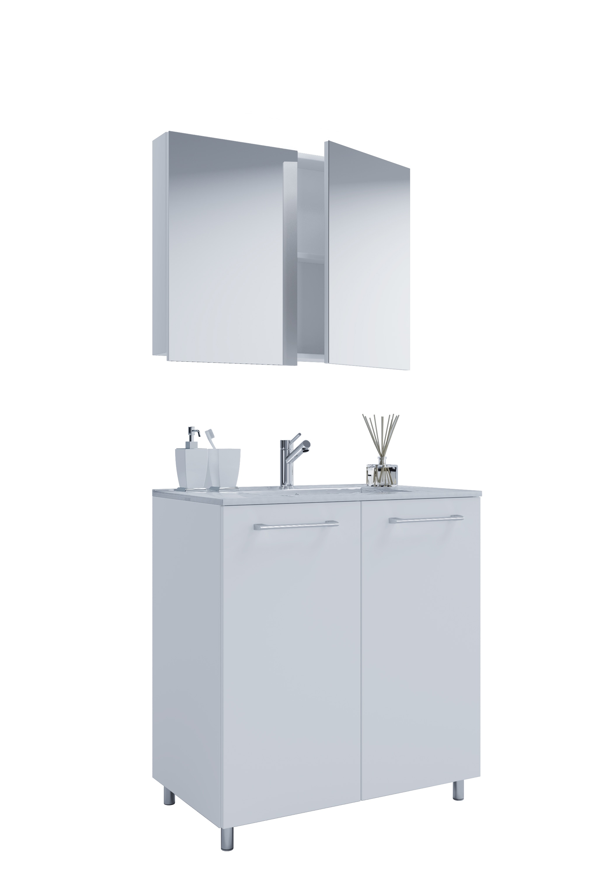 VCM 3-tlg. Set | 1 Waschtisch mit Dreht&uuml;ren, 1 Spiegelschrank, 1 Waschbecken | Keramik Waschbecken | Unterschrank 60 cm | Waschplatz | Badm&ouml;bel Set &ndash; Badinos - Bild 1