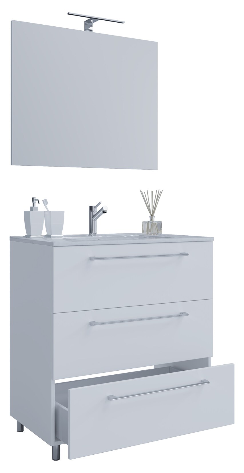 VCM 3-tlg. Waschplatz Waschtisch Waschbecken Unterschrank Breite 60 cm Badmöbel Set stehend mit drei Schubladen Spiegel Badinos