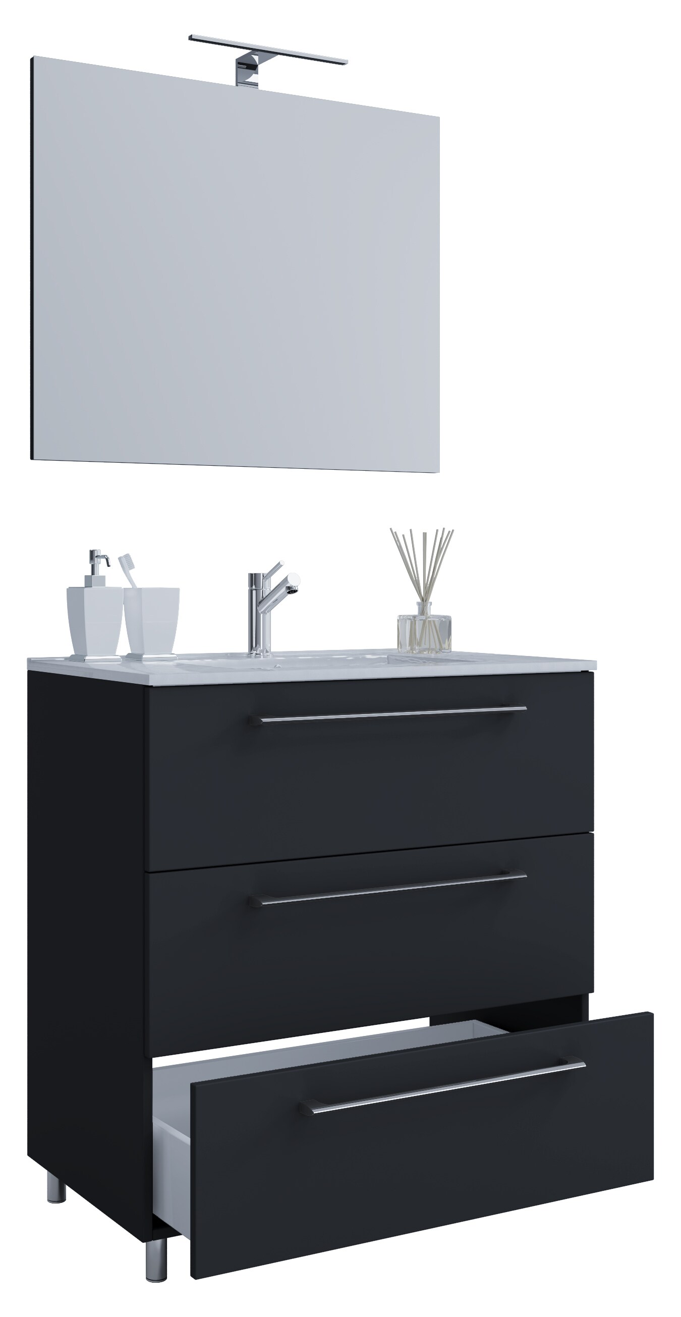 VCM 3-tlg. Waschplatz Waschtisch | Waschbecken Unterschrank Breite 60 cm | Badm&ouml;bel Set stehend mit drei Schubladen Spiegel | Badinos - Bild 1