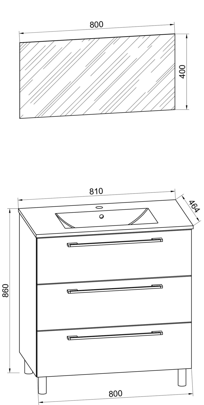 VCM 3-tlg. Waschplatz Waschtisch Waschbecken Unterschrank Breite 80 cm Badmöbel Set stehend mit drei Schubladen Spiegel Badinos