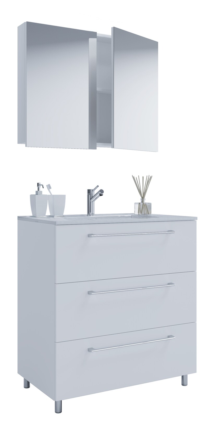VCM 3-tlg. Waschplatz Waschtisch Waschbecken Unterschrank Breite 80 cm Badmöbel Set stehend mit drei Schubladen Spiegelschrank Badinos