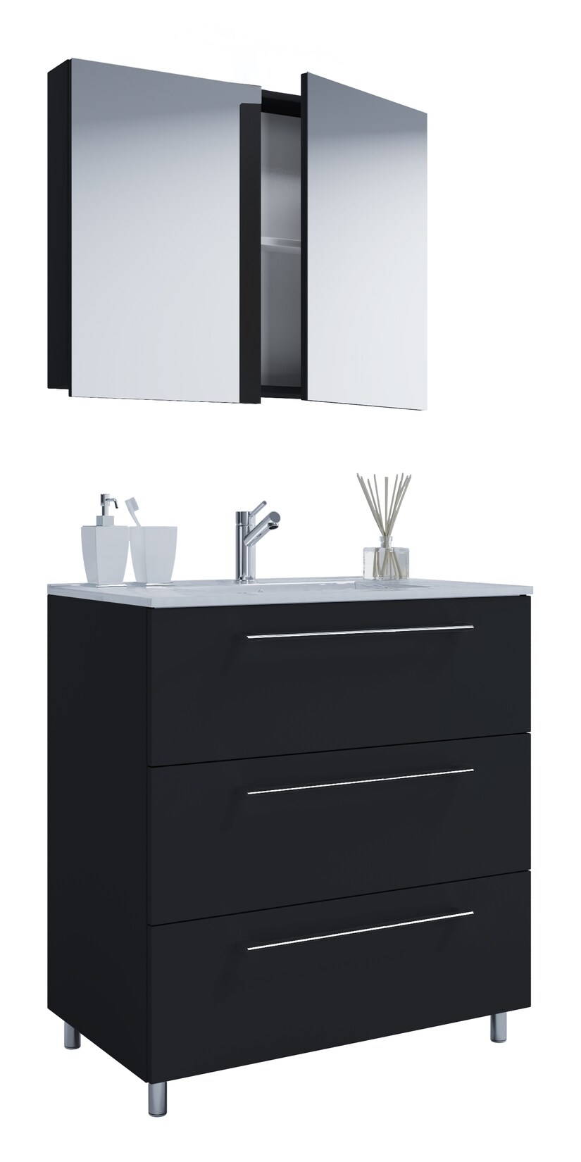 VCM 3-tlg. Waschplatz Waschtisch Waschbecken Unterschrank Breite 80 cm Badmöbel Set stehend mit drei Schubladen Spiegelschrank Badinos
