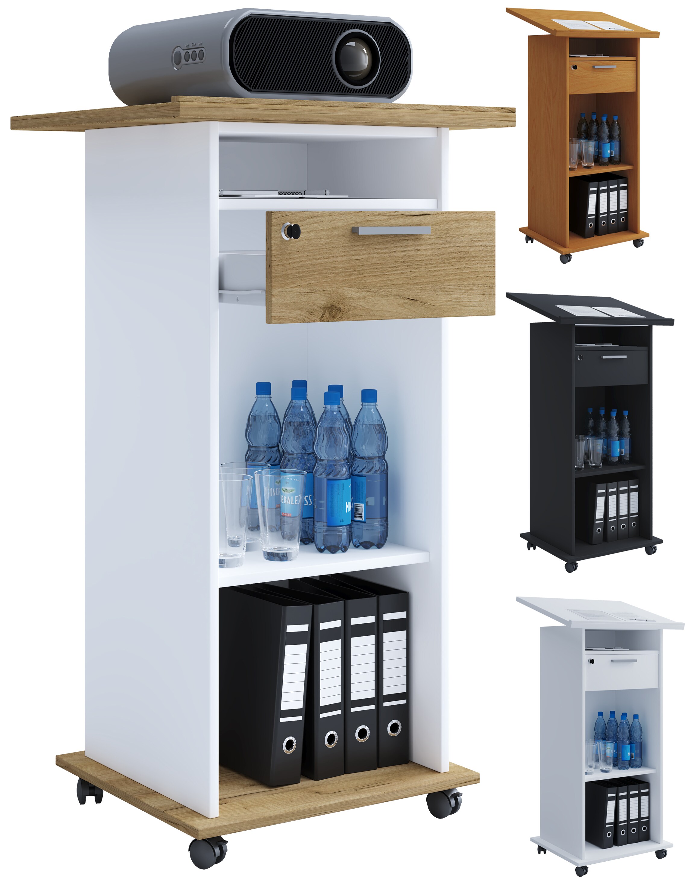 VCM Holz Standschreibtisch | ideal f&uuml;r Beamer oder Projektor mit Rollen | Ma&szlig;e: H. 108 x B. 60 x T. 50 cm | Pultfl&auml;che neigbar | Schublade abschlie&szlig;bar - Neta - Bild 1