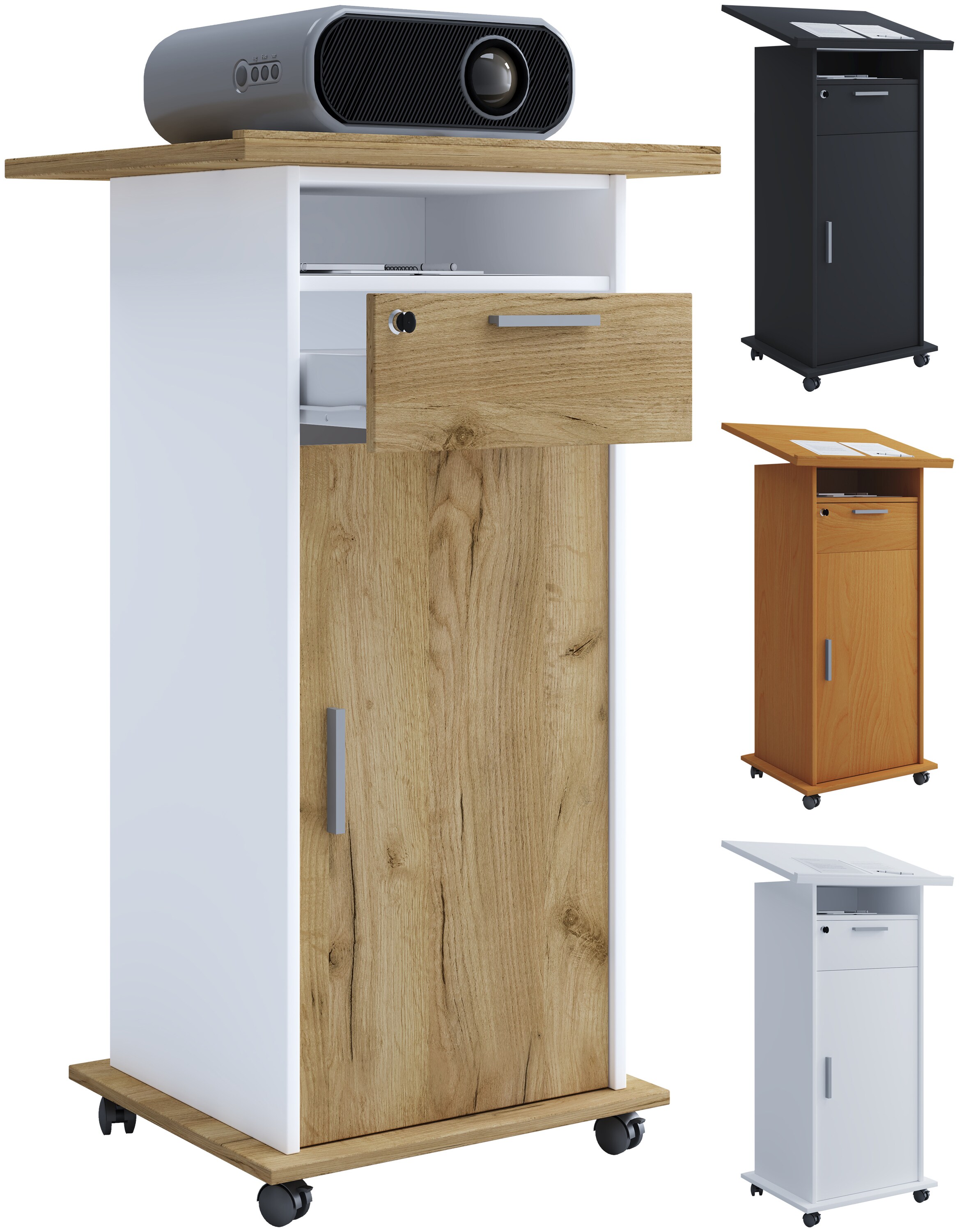 VCM Holz Standschreibtisch | ideal f&uuml;r Beamer oder Projektor mit Rollen und T&uuml;r | Ma&szlig;e: H. 108 x B. 60 x T. 50 cm | Pultfl&auml;che neigbar | Schublade abschlie&szlig;bar - Neta - Bild 1