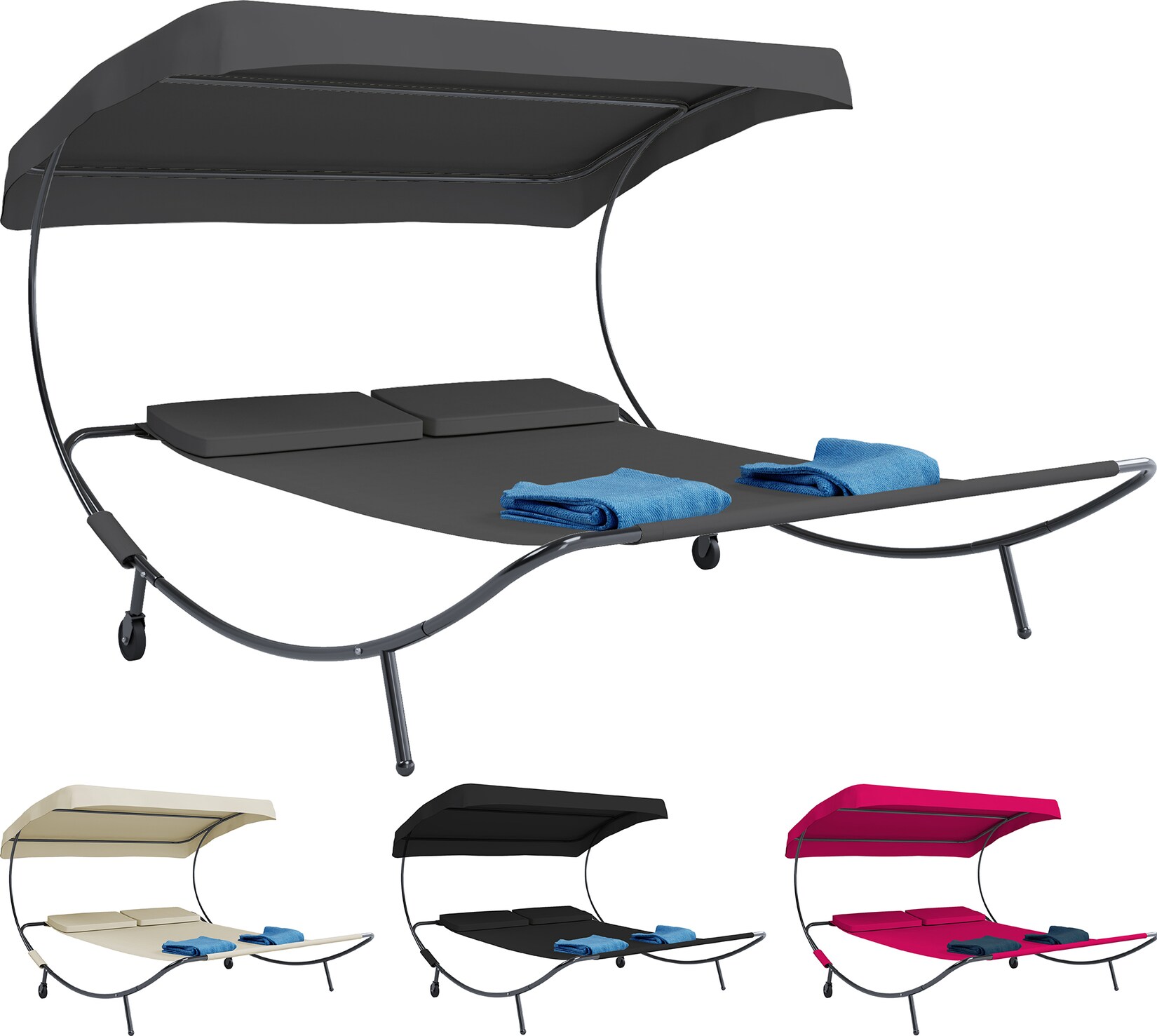 VCM Doppelliege   Gartenliege für zwei Personen   Maße H. 137 x B. 180 x T. 200 cm   mit Rollen   Zweier Sonnenliege mit Dach – Bindox | 04051814377853