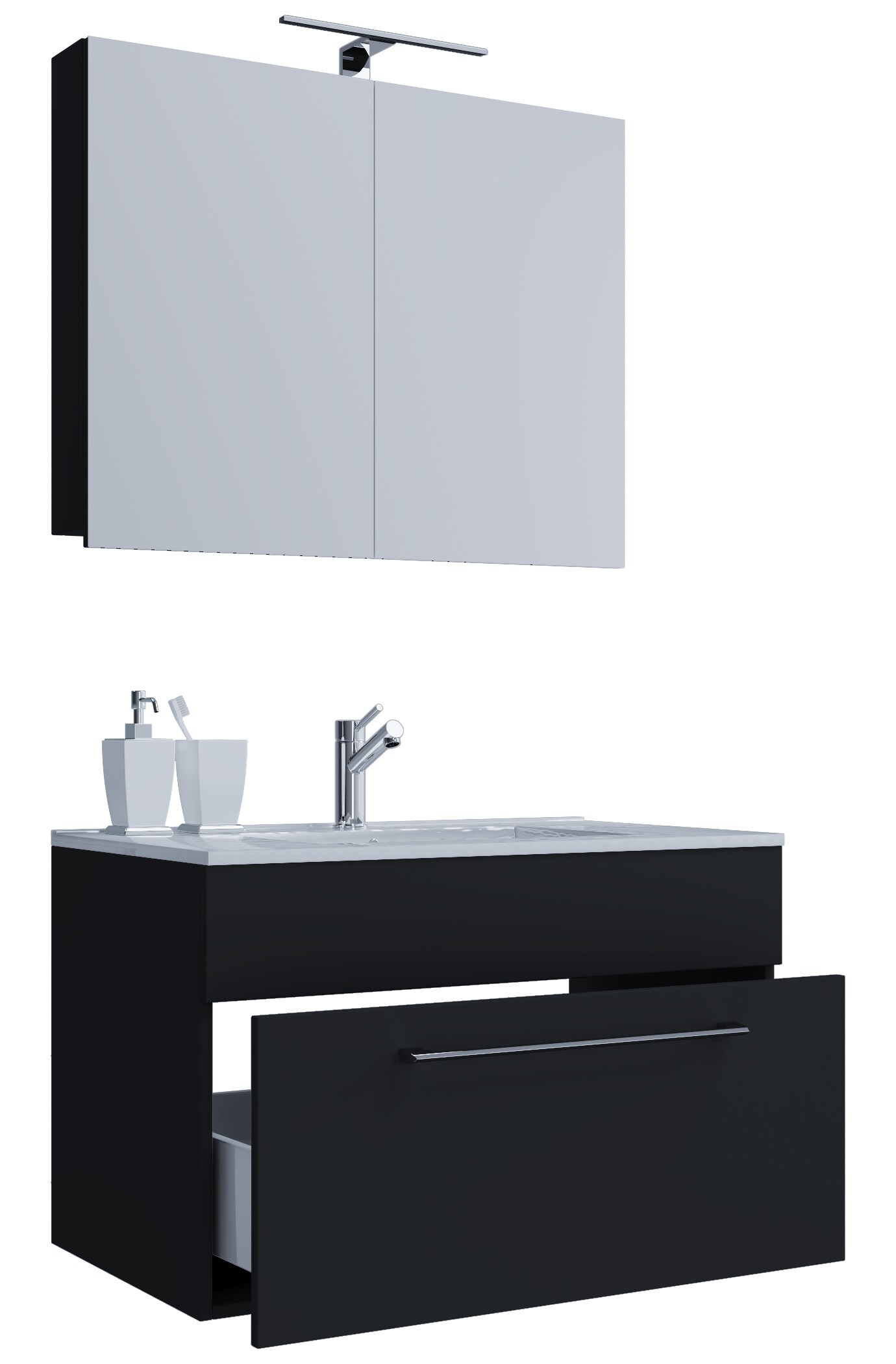 VCM 3-tlg. Waschplatz Waschtisch | Waschbecken Unterschrank Breite 60 cm | Badm&ouml;bel Set h&auml;ngend mit einer Schublade Spiegelschrank | Badinos - Bild 1