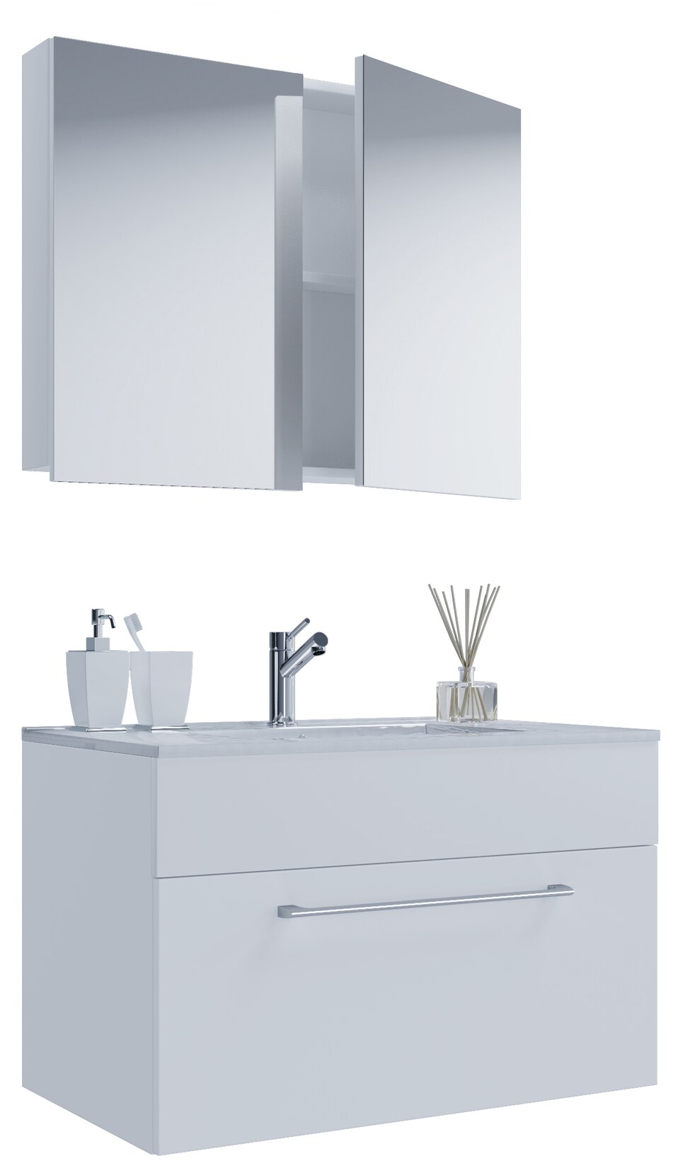 VCM 3-tlg. Waschplatz Waschtisch Waschbecken Unterschrank Breite 80 cm Badmöbel Set hängend mit einer Schublade Spiegelschrank Badinos