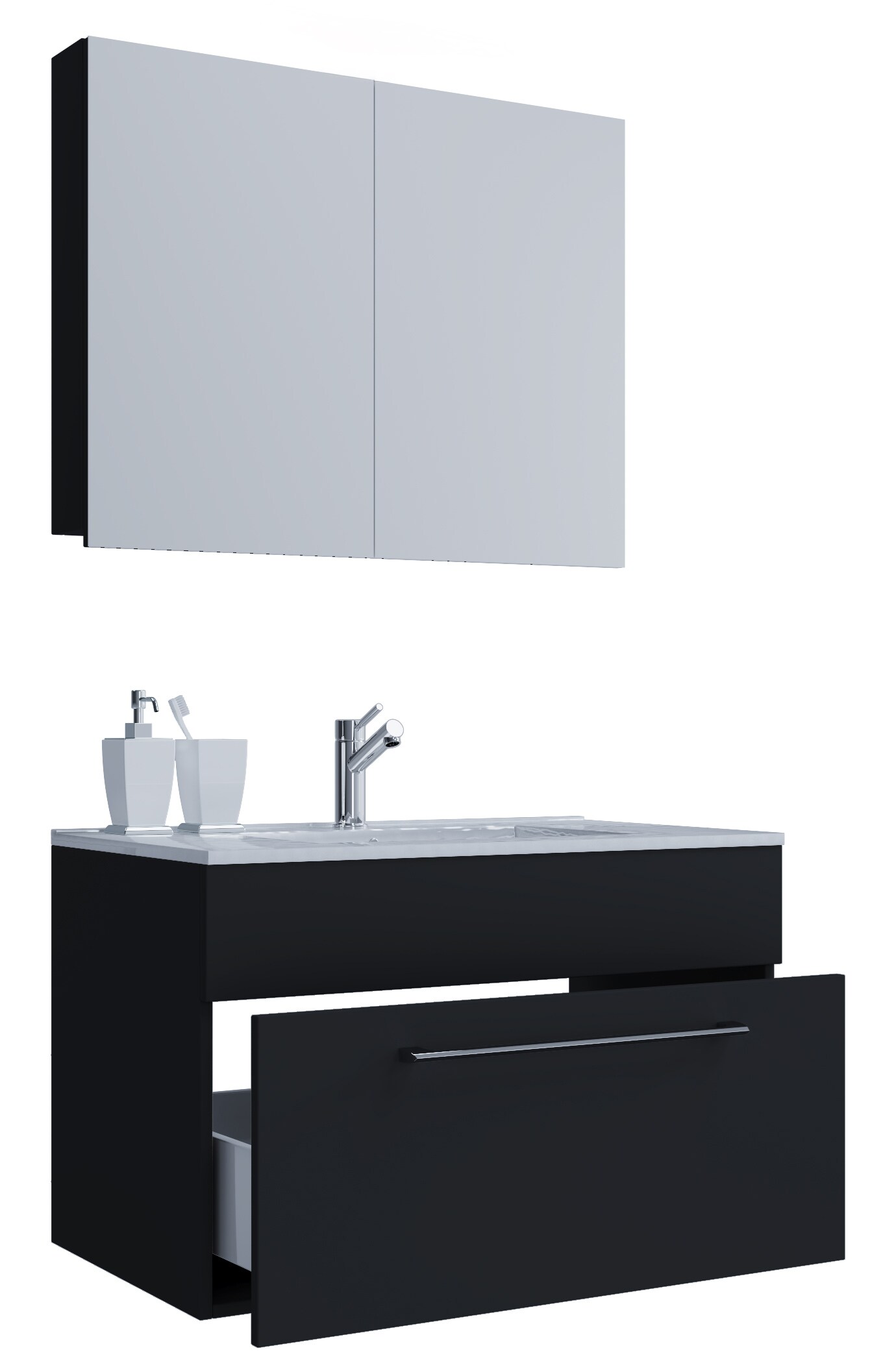 VCM 3-tlg. Waschplatz Waschtisch | Waschbecken Unterschrank Breite 80 cm | Badm&ouml;bel Set h&auml;ngend mit einer Schublade Spiegelschrank | Badinos - Bild 1