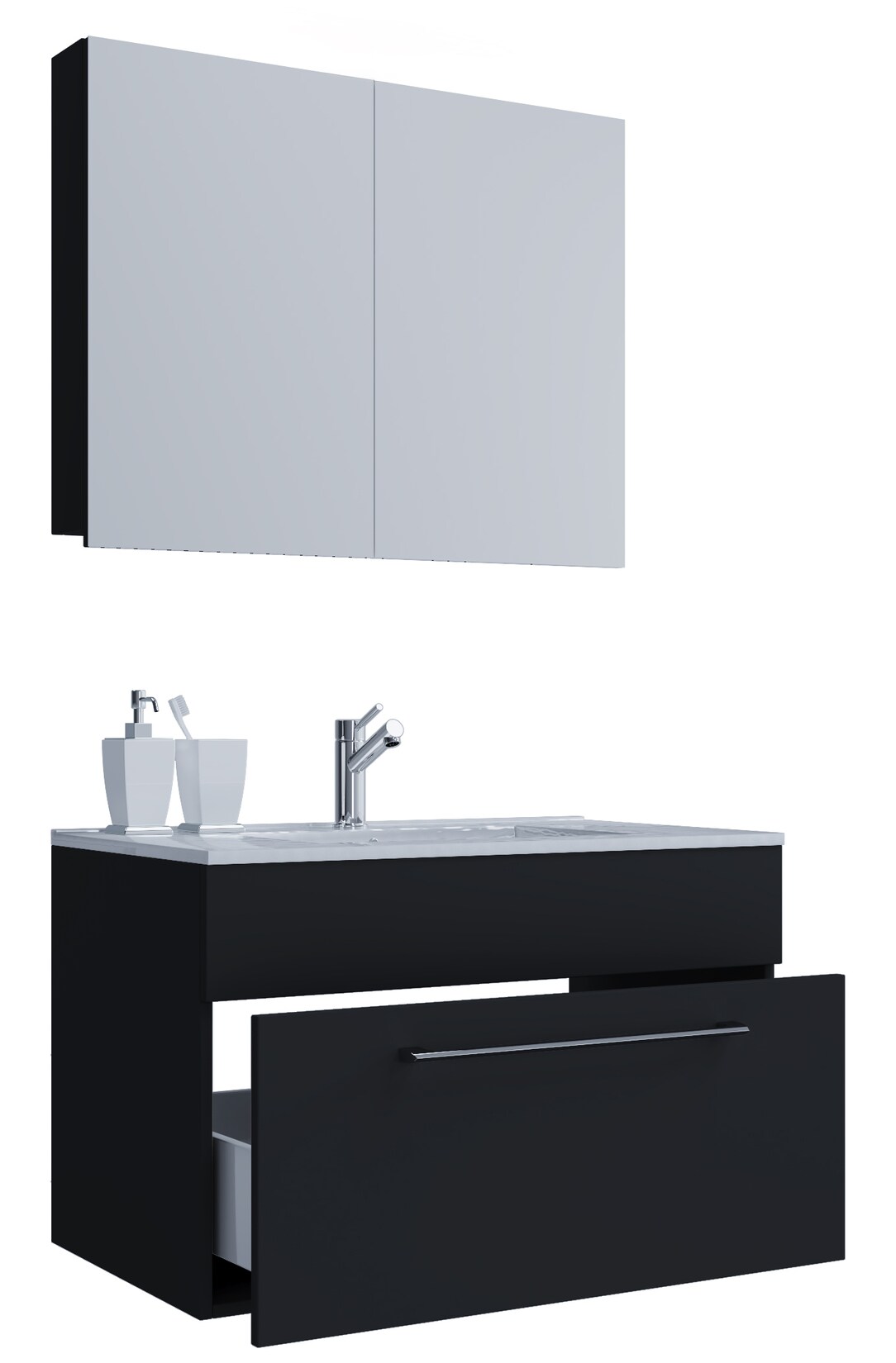 VCM 3-tlg. Waschplatz Waschtisch Waschbecken Unterschrank Breite 80 cm Badmöbel Set hängend mit einer Schublade Spiegelschrank Badinos