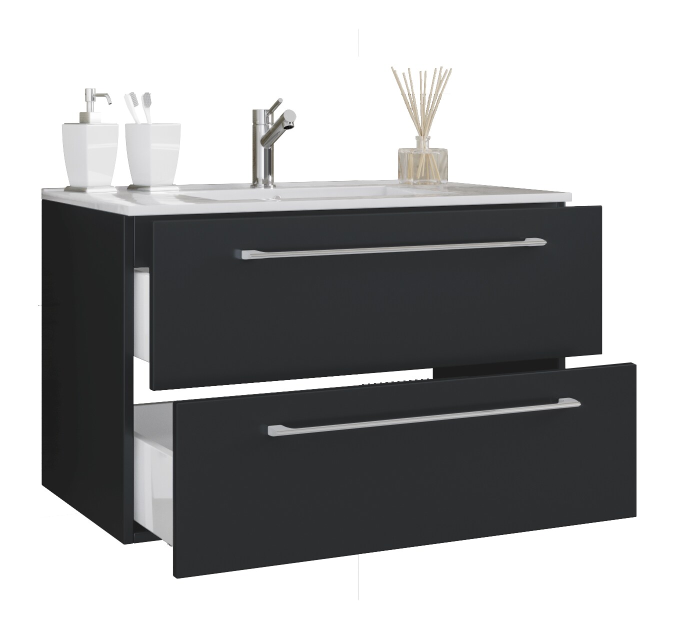 VCM 2-tlg. Waschplatz Waschtisch Waschbecken Unterschrank Breite 60 cm Badmöbel Set hängend mit zwei Schubladen Badinos