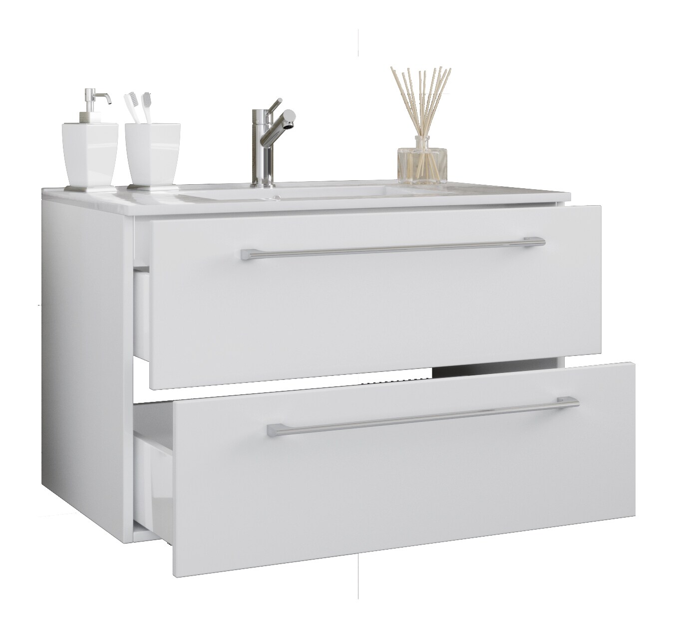 VCM 2-tlg. Waschplatz Waschtisch Waschbecken Unterschrank Breite 80 cm Badmöbel Set hängend mit zwei Schubladen Badinos