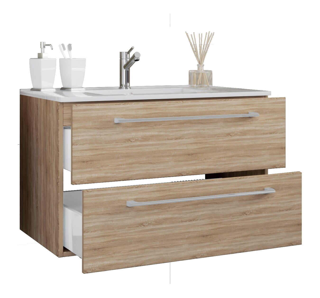 VCM 2-tlg. Waschplatz Waschtisch | Waschbecken Unterschrank Breite 80 cm | Badm&ouml;bel Set h&auml;ngend mit zwei Schubladen | Badinos - Bild 1
