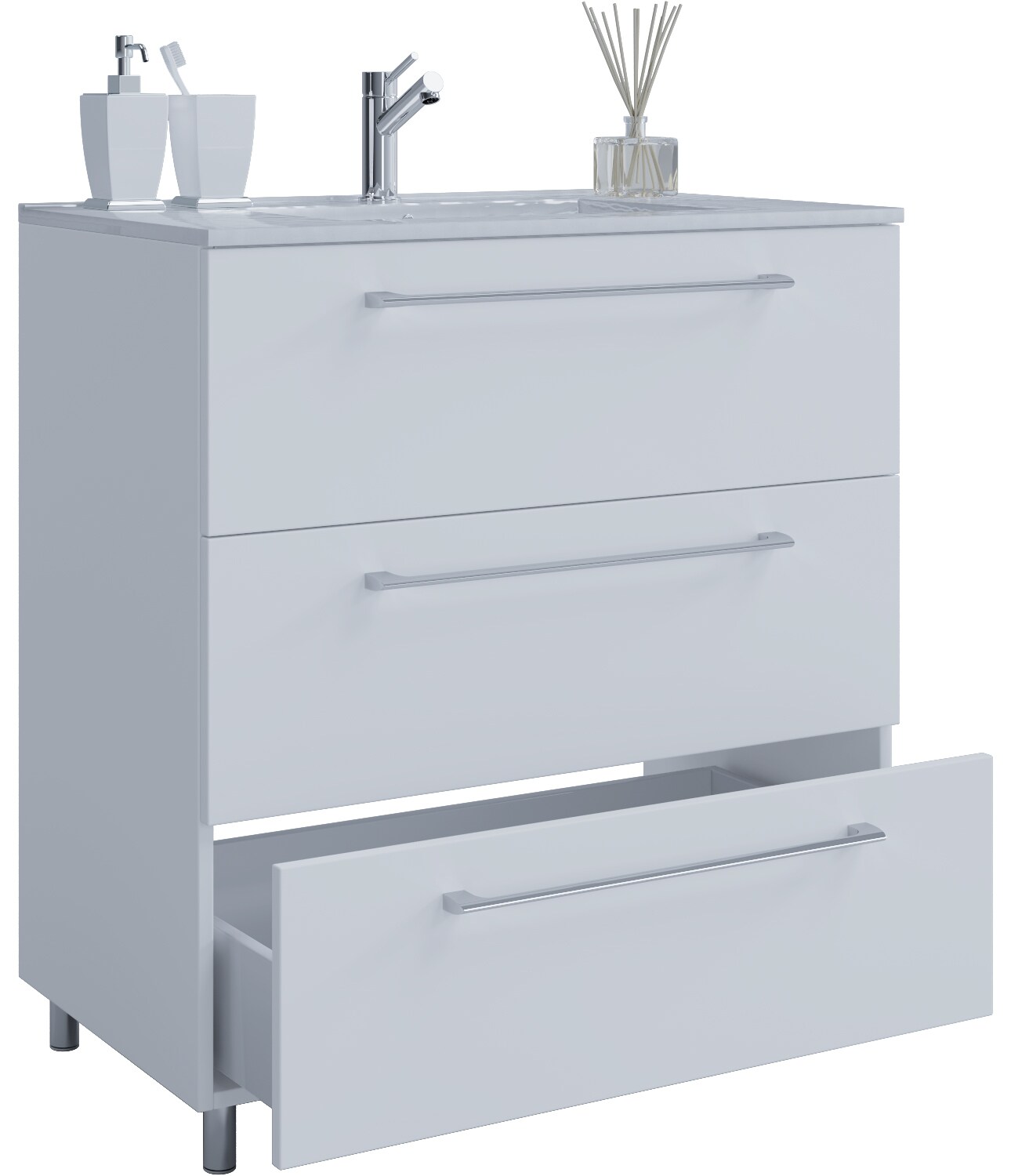 VCM 2-tlg. Waschplatz Waschtisch Waschbecken Unterschrank Breite 60 cm Badmöbel Set stehend 3 Schubladen Badinos