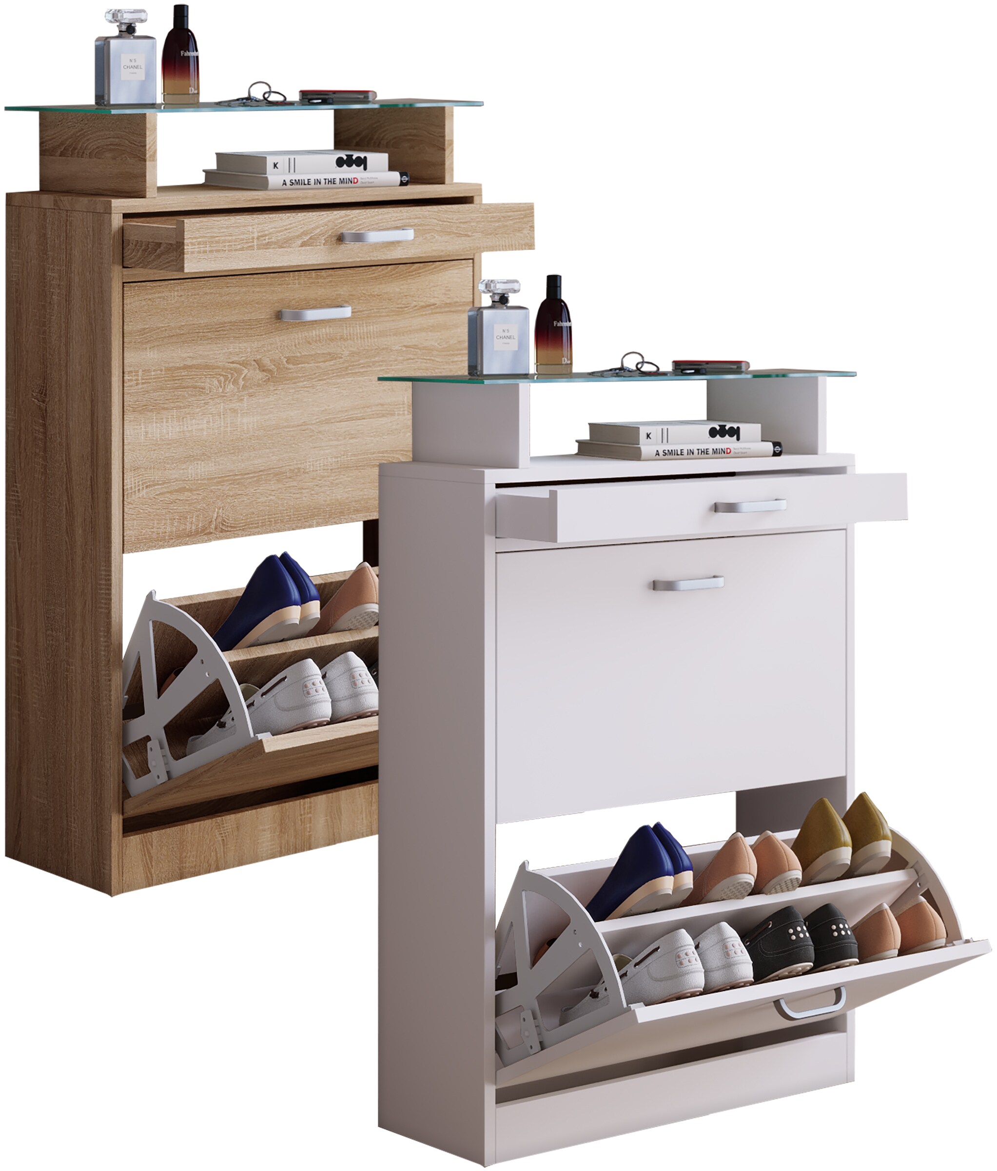 VCM Holz Schuhschrank | Ma&szlig;e: H. 91 x B. 59 x T. 22 cm | 2 Klappen | schmale Schublade | praktische Ablage - Sipos M - Bild 1