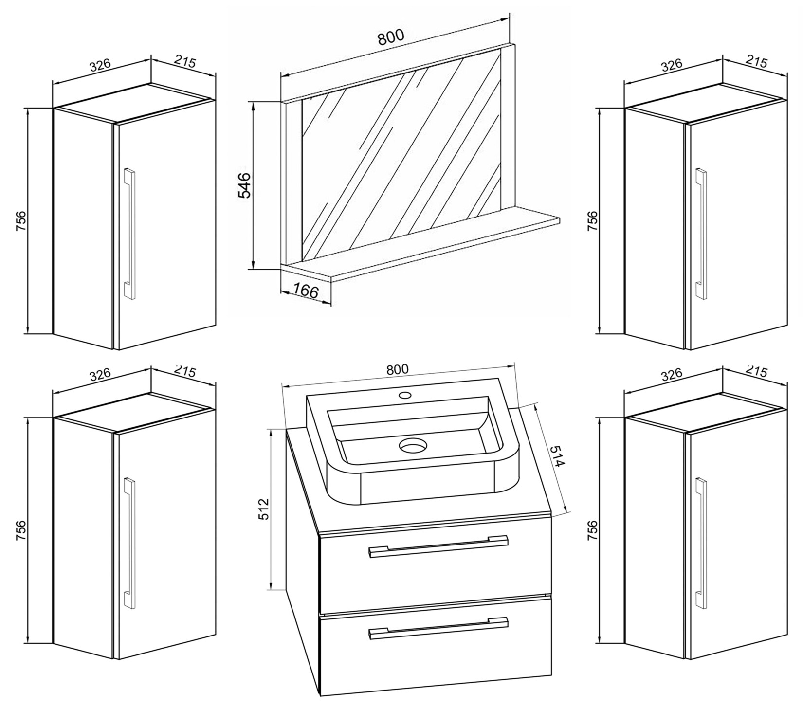 VCM 5-tlg. Waschplatz Waschtisch Waschbecken Unterschrank Breite 60 cm Badmöbel Set mit Schubladen Drehtüren Spiegel Badinos