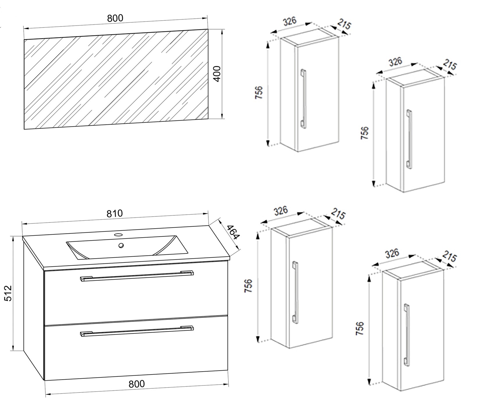 VCM 5-tlg. Waschplatz Waschtisch Waschbecken Unterschrank Breite 80 cm Badmöbel Set mit Schubladen Drehtüren Spiegel Badinos