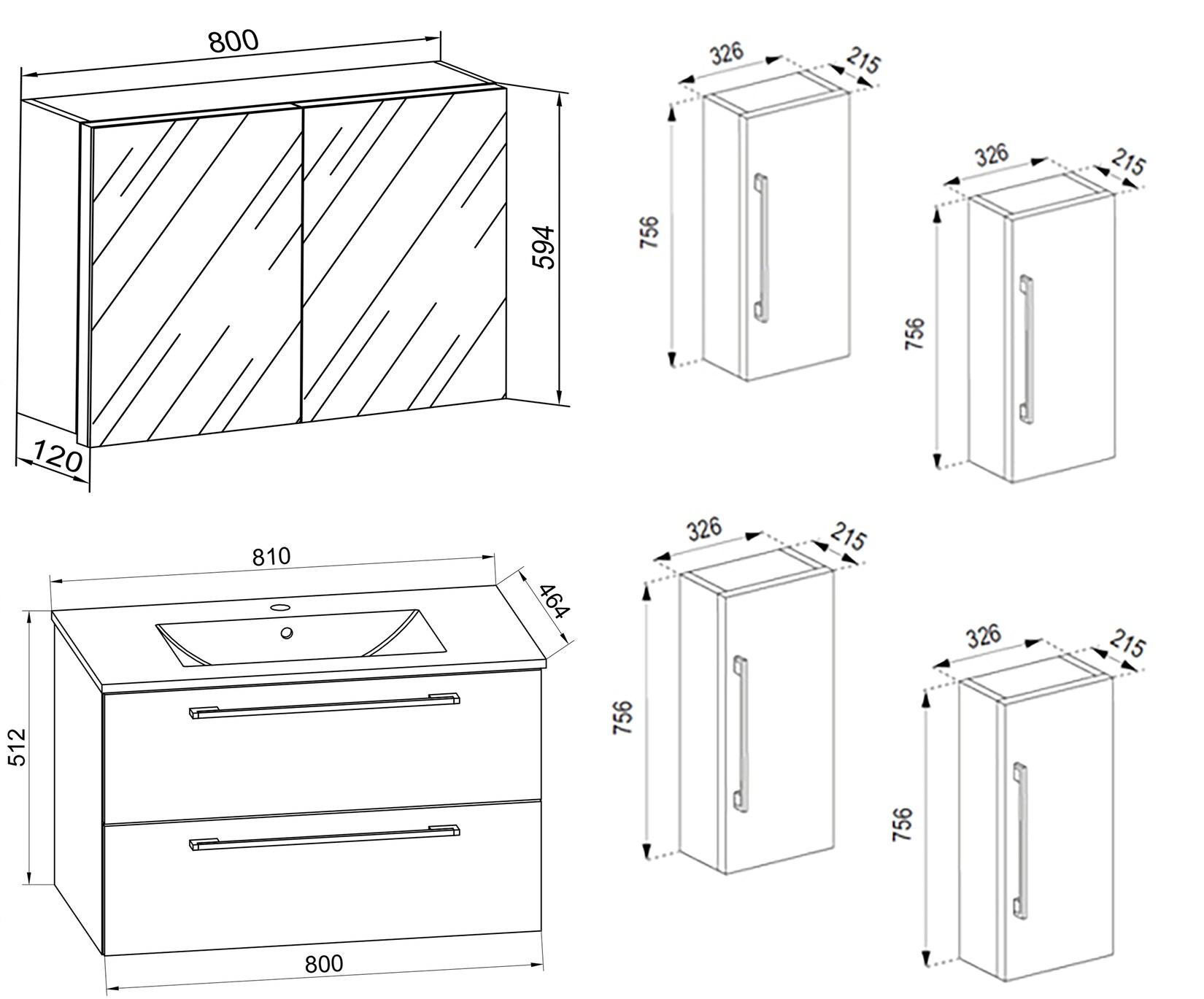 VCM 5-tlg. Waschplatz Waschtisch Waschbecken Unterschrank Breite 80 cm Badmöbel Set mit Schubladen Drehtüren Spiegelschrank Badinos