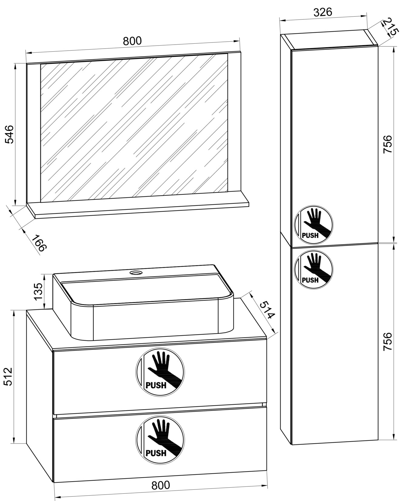 VCM 4-tlg. Waschplatz Waschtisch Waschbecken Unterschrank Breite 60 cm Badmöbel Set mit Schubladen Drehtüren Spiegel Lendas L