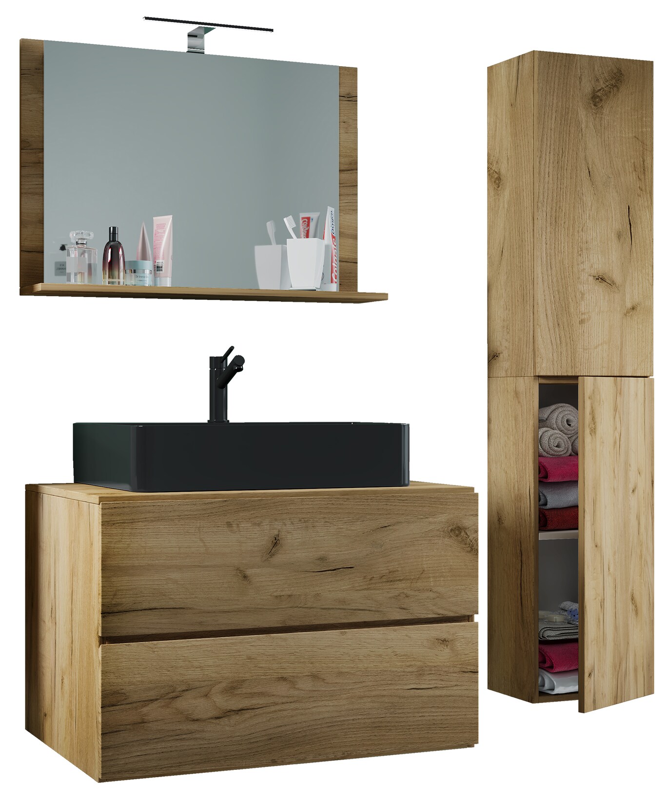 VCM 4-tlg. Waschplatz Waschtisch Waschbecken Unterschrank Breite 80 cm Badmöbel Set mit Schubladen Drehtüren Spiegel Lendas L