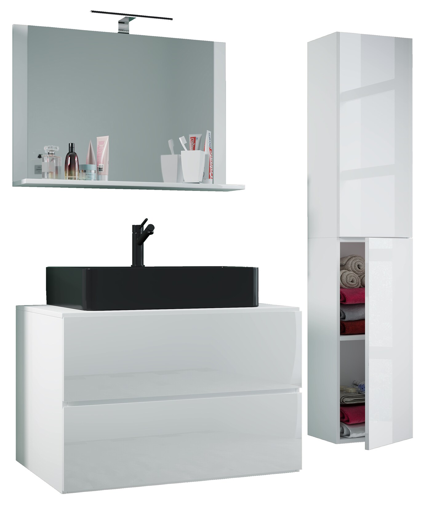 VCM 4-tlg. Waschplatz Waschtisch Waschbecken Unterschrank Breite 80 cm Badmöbel Set mit Schubladen Drehtüren Spiegel Lendas L
