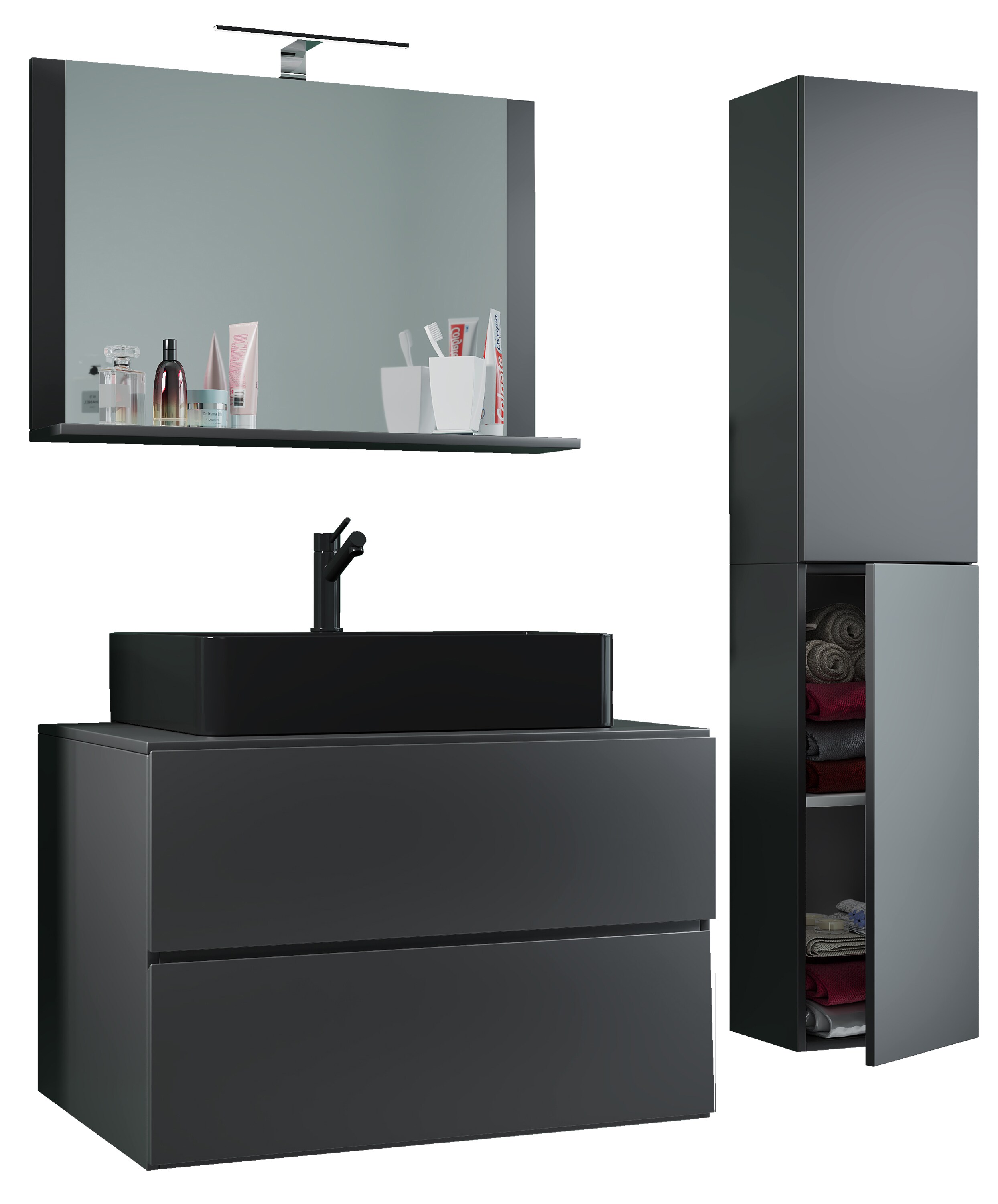 VCM 4-tlg. Waschplatz Waschtisch | Waschbecken Unterschrank Breite 80 cm | Badm&ouml;bel Set mit Schubladen Dreht&uuml;ren Spiegel | Lendas L - Bild 1